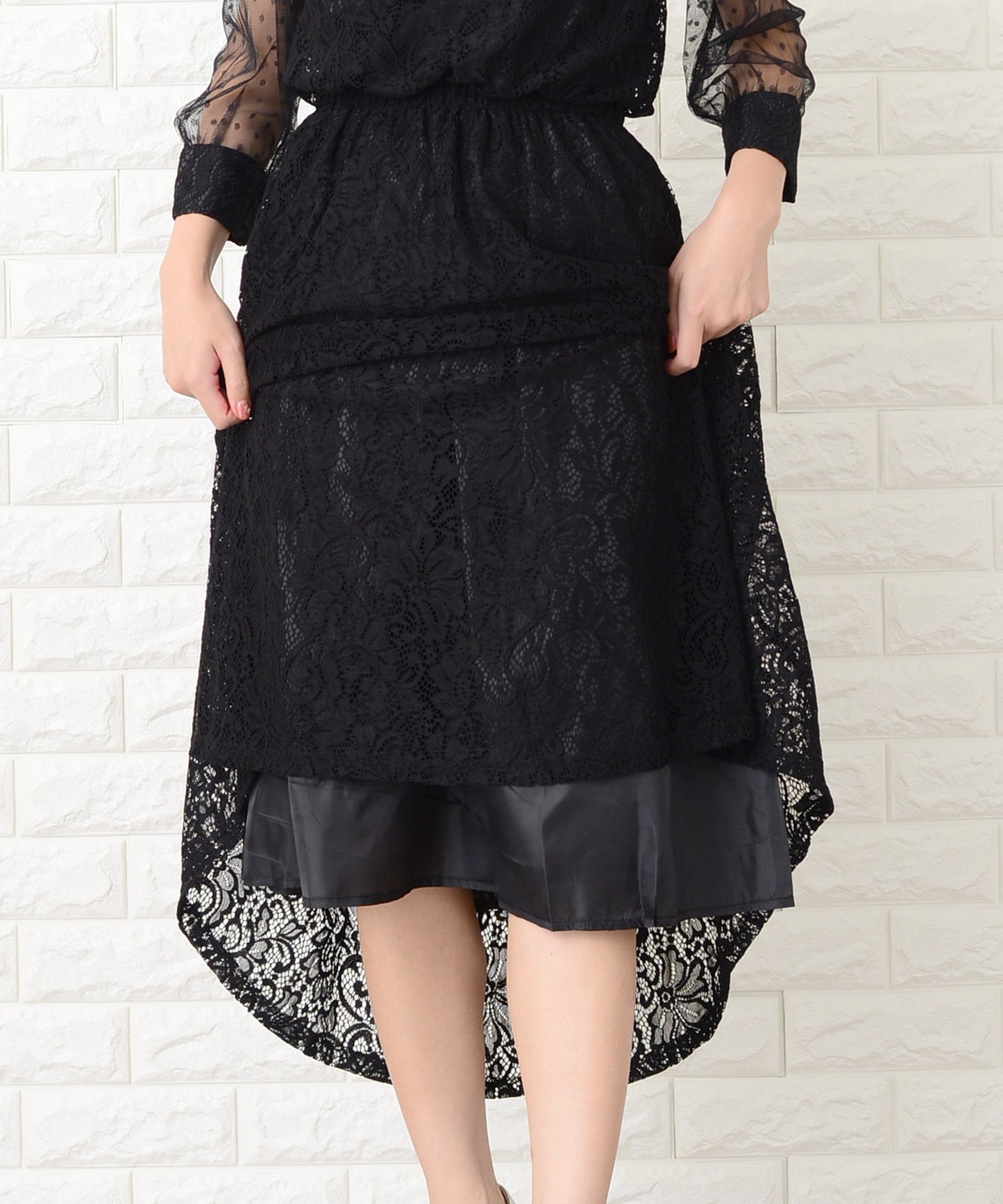 ドットチュール袖×花柄総レースフィッシュテールフォーマルワンピース・ドレス