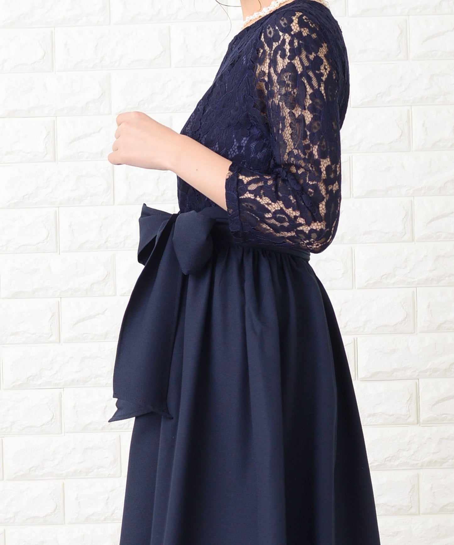 ウエストリボン付きレース切り替えフォーマルワンピース・ドレス