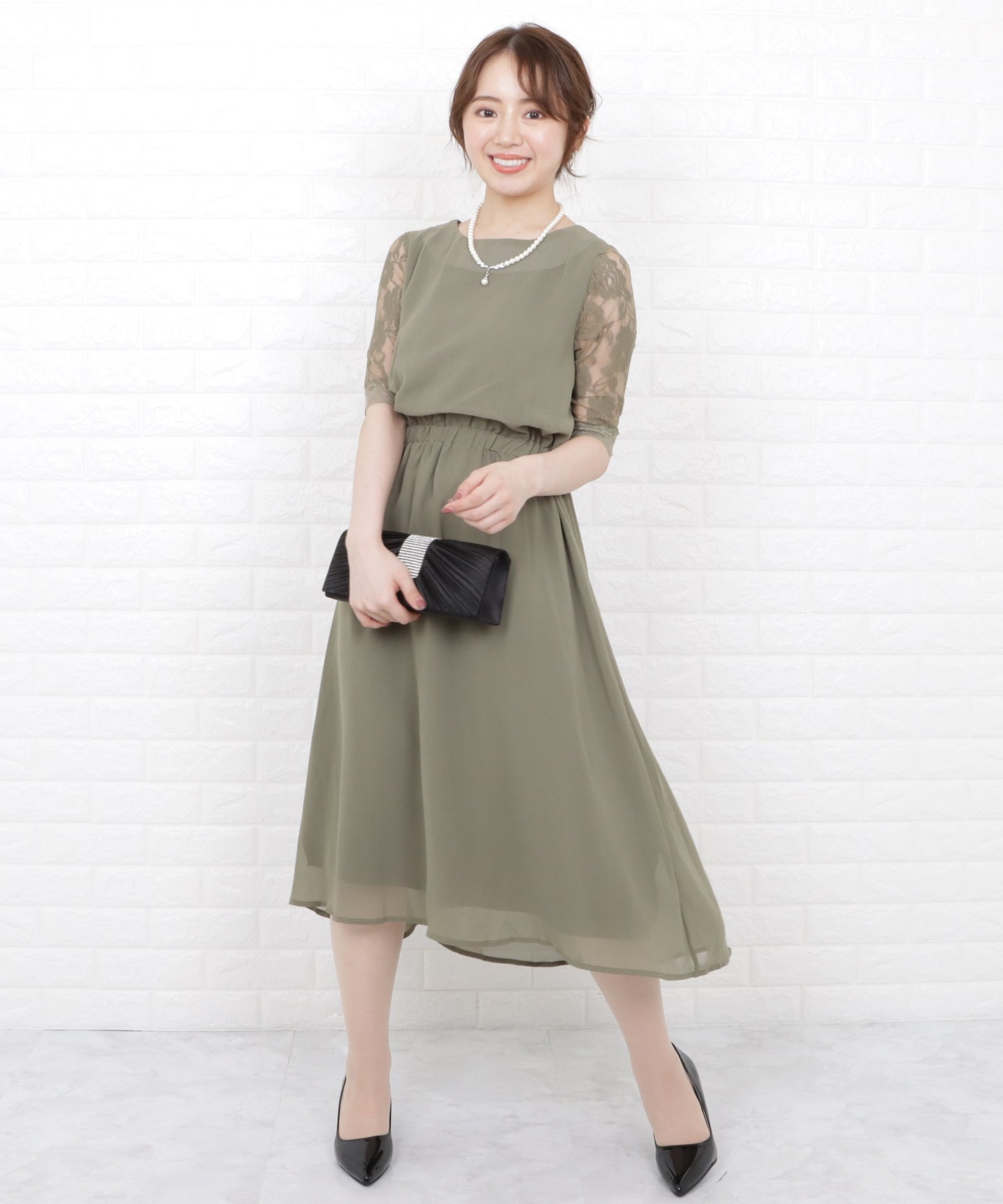 花柄袖レースフィッシュテールフォーマルワンピースドレス