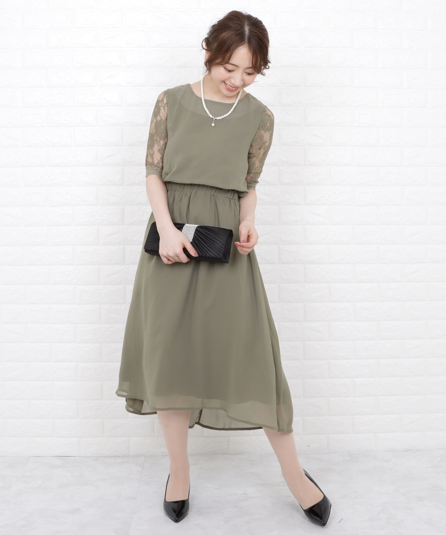 花柄袖レースフィッシュテールフォーマルワンピースドレス