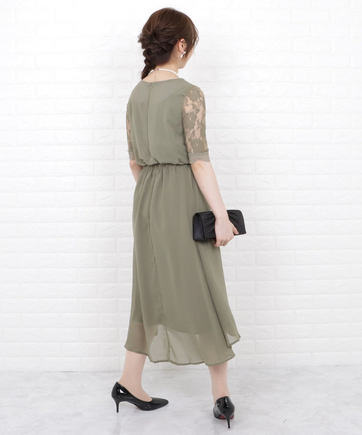 花柄袖レースフィッシュテールフォーマルワンピースドレス