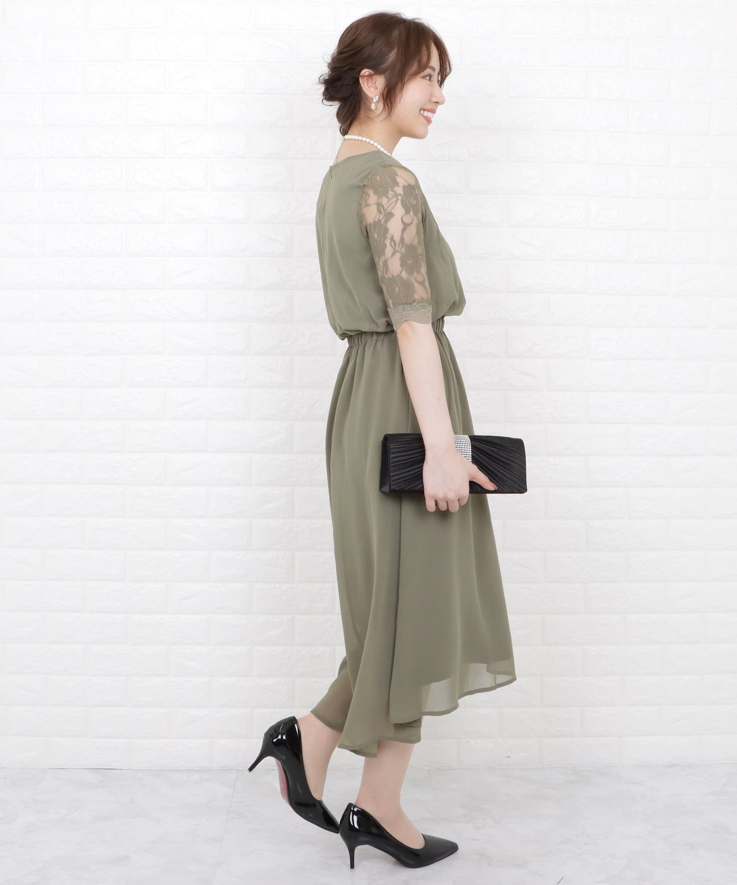 花柄袖レースフィッシュテールフォーマルワンピースドレス