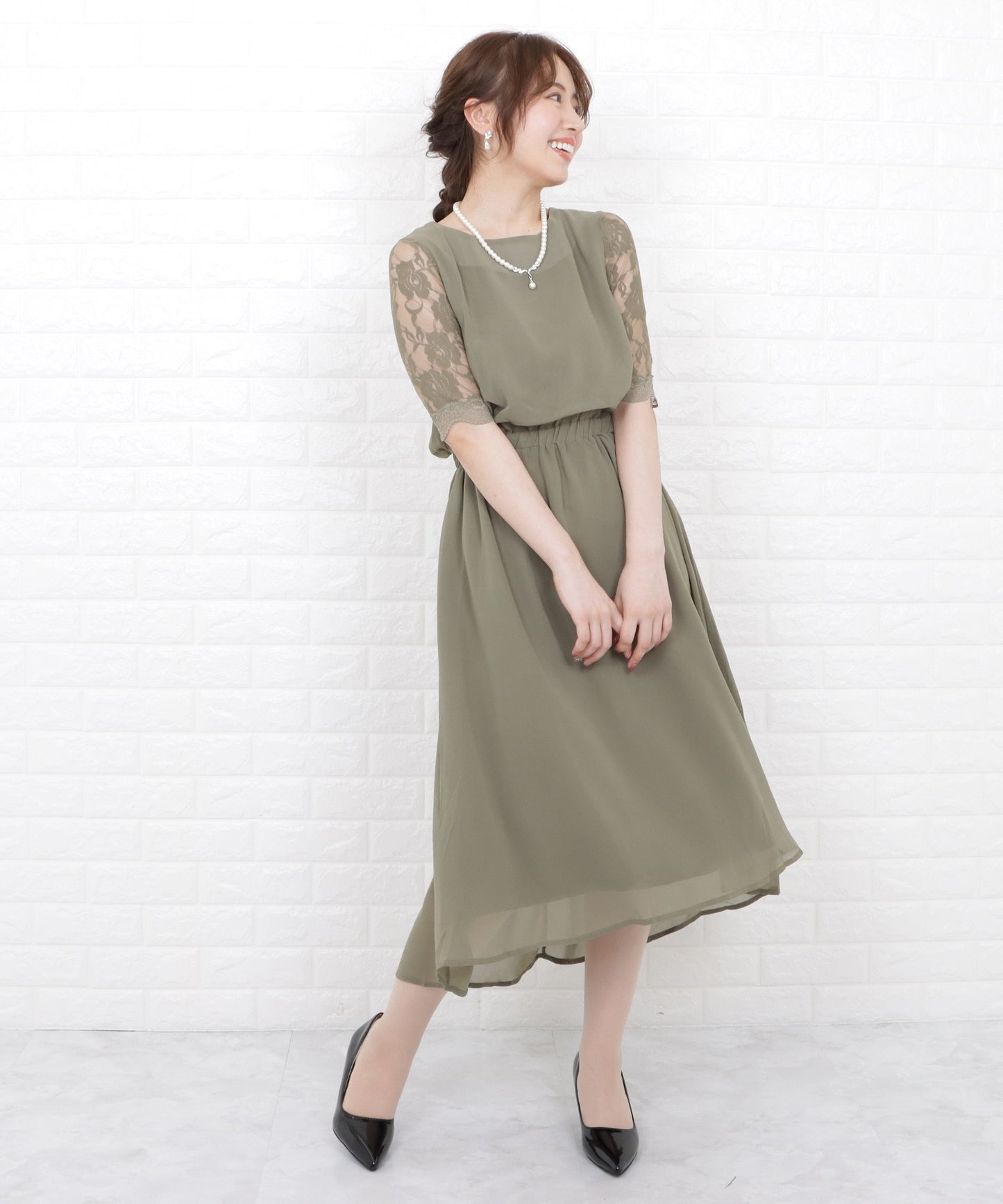 花柄袖レースフィッシュテールフォーマルワンピースドレス