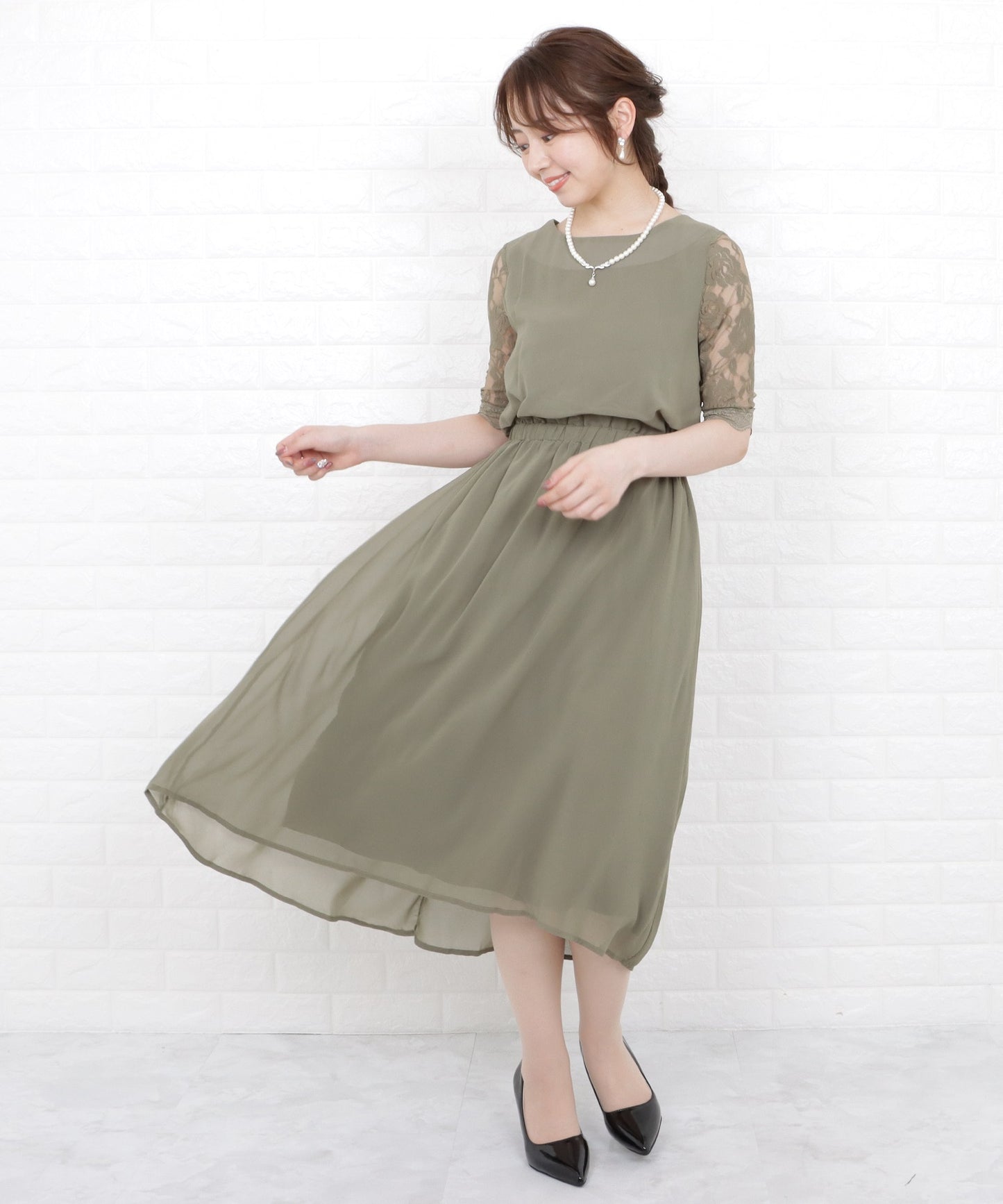 花柄袖レースフィッシュテールフォーマルワンピースドレス