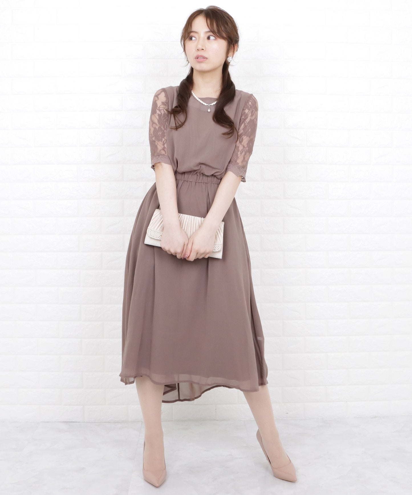 花柄袖レースフィッシュテールフォーマルワンピースドレス