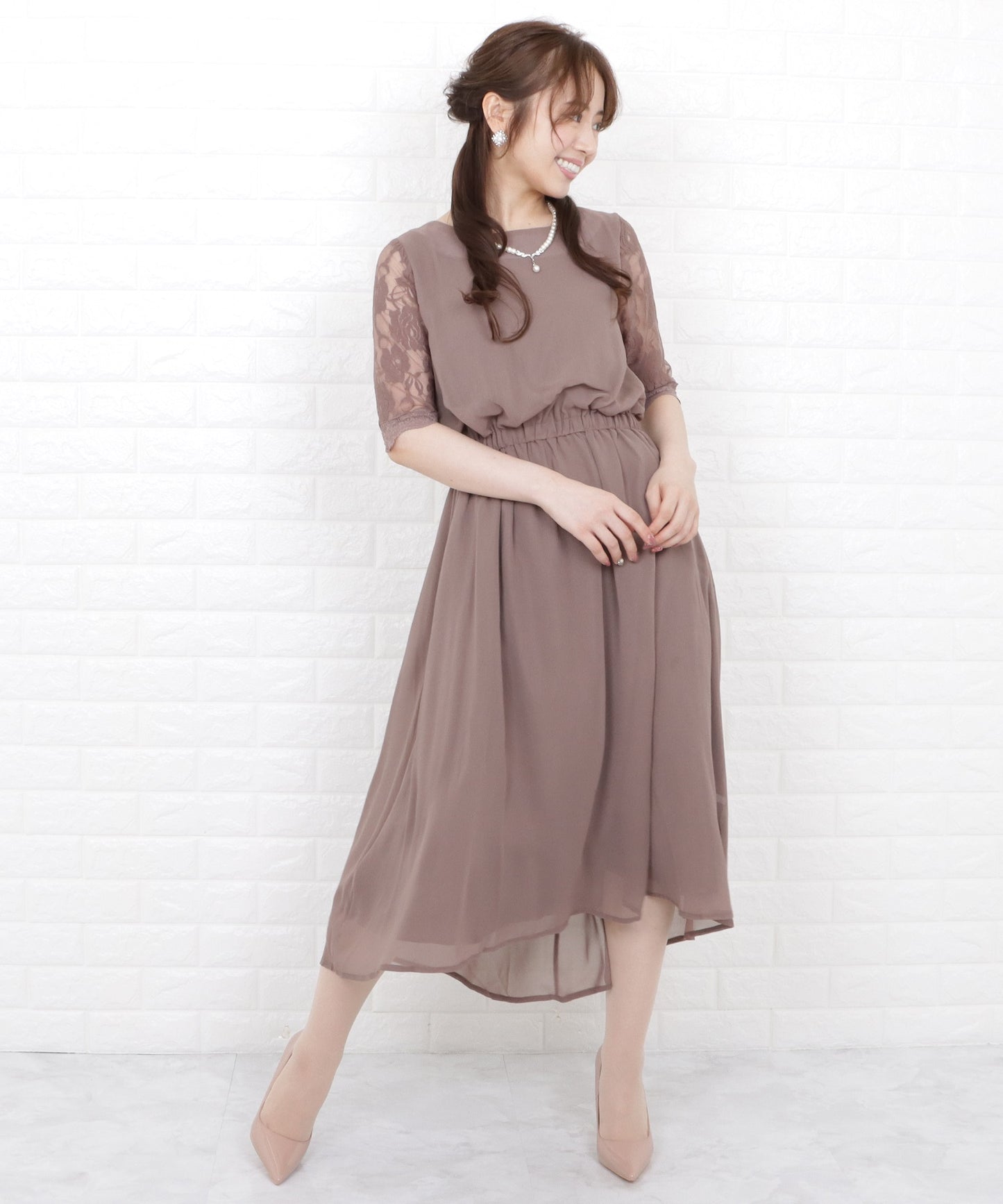 花柄袖レースフィッシュテールフォーマルワンピースドレス