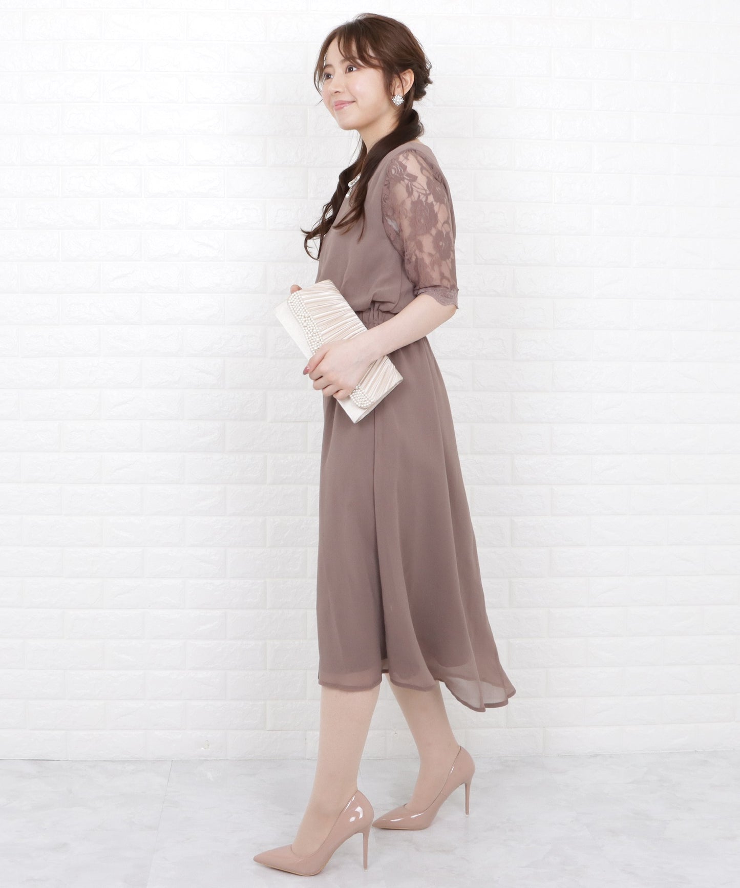 花柄袖レースフィッシュテールフォーマルワンピースドレス