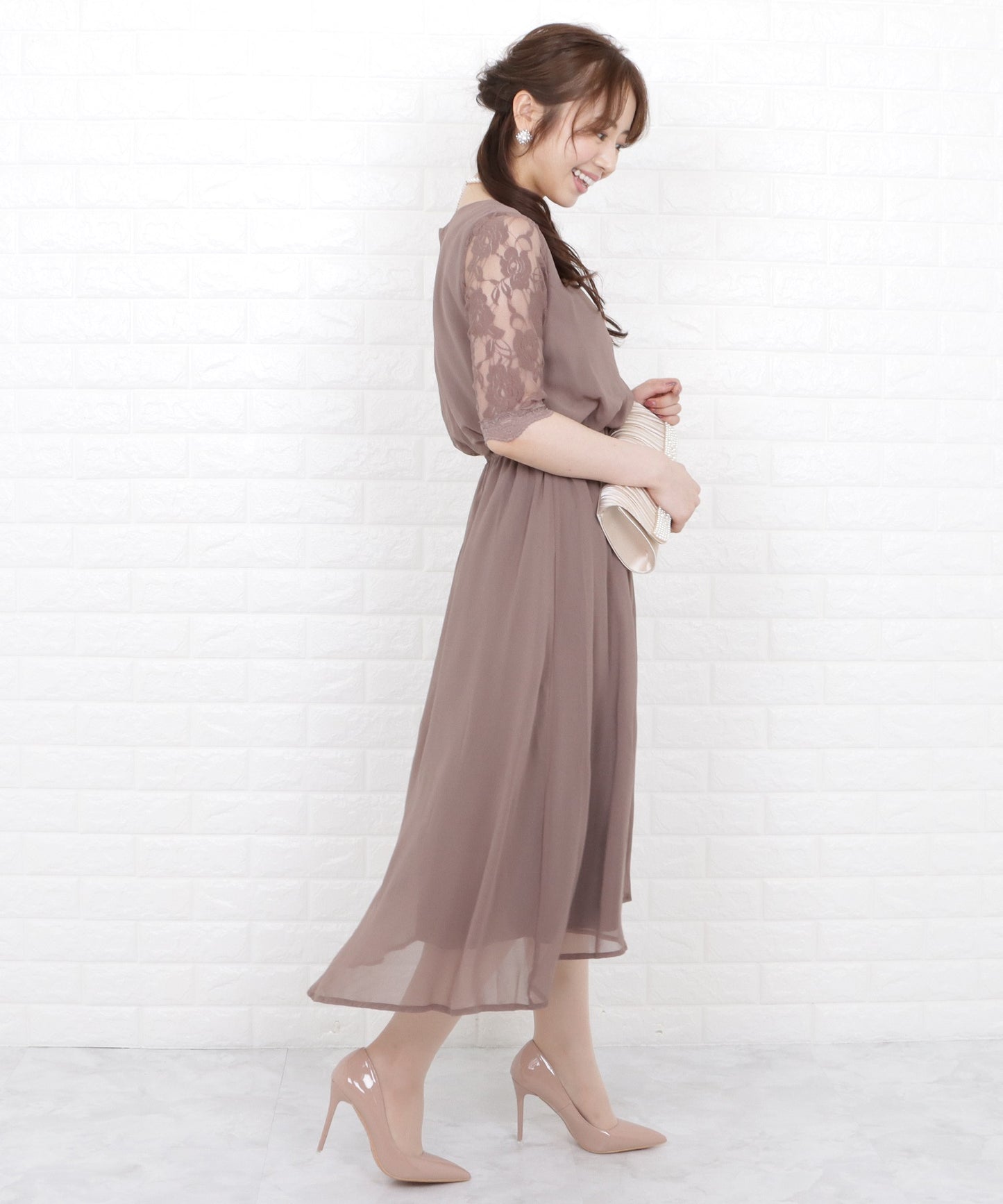 花柄袖レースフィッシュテールフォーマルワンピースドレス