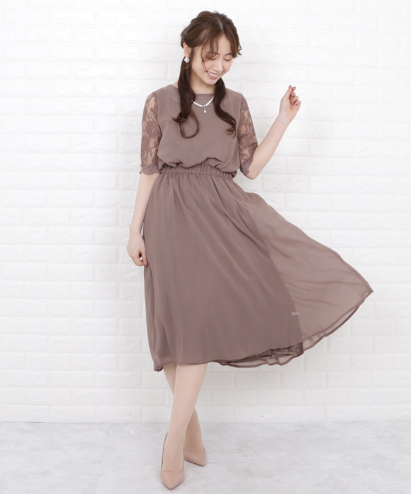 花柄袖レースフィッシュテールフォーマルワンピースドレス