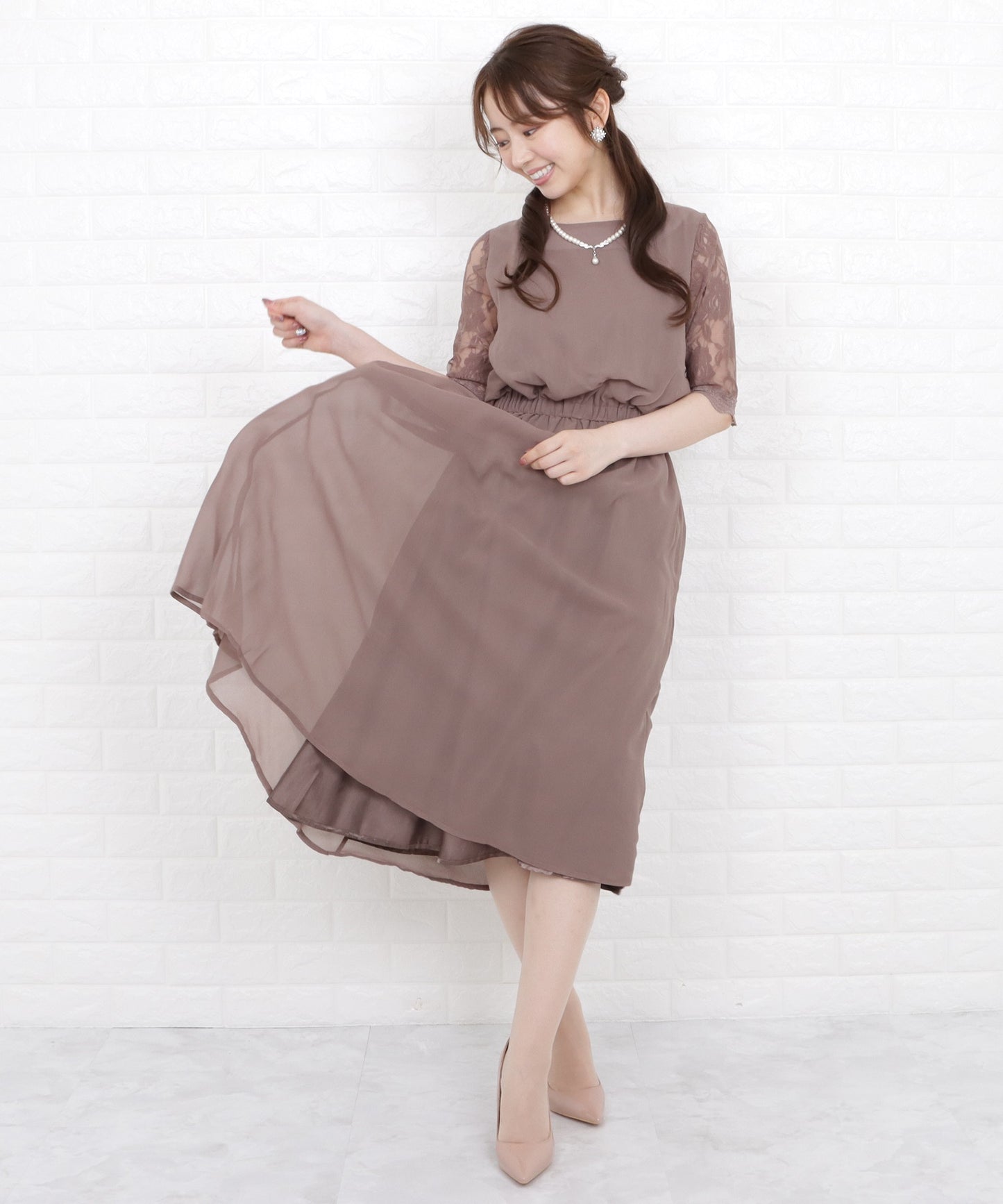 花柄袖レースフィッシュテールフォーマルワンピースドレス