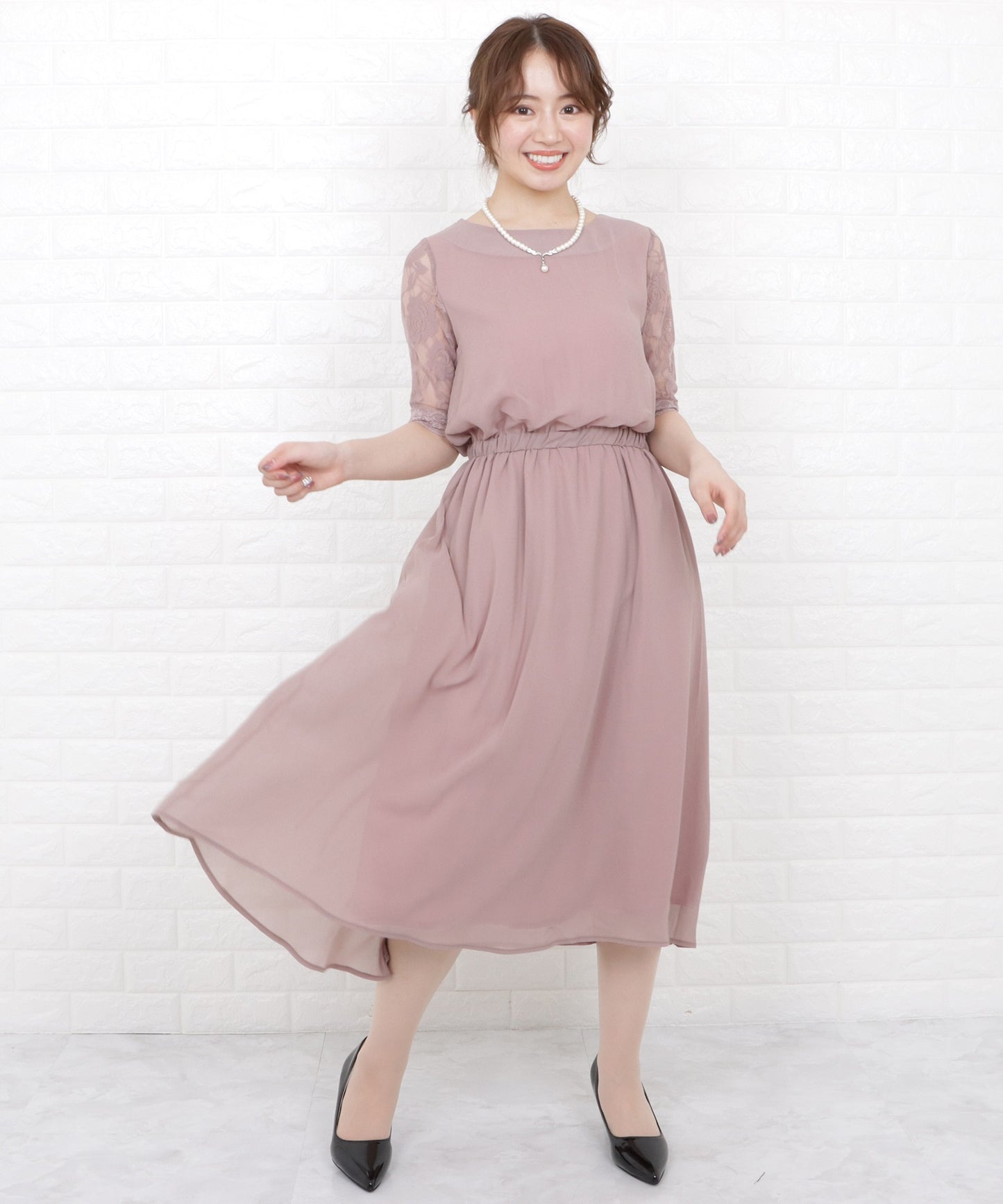 花柄袖レースフィッシュテールフォーマルワンピースドレス