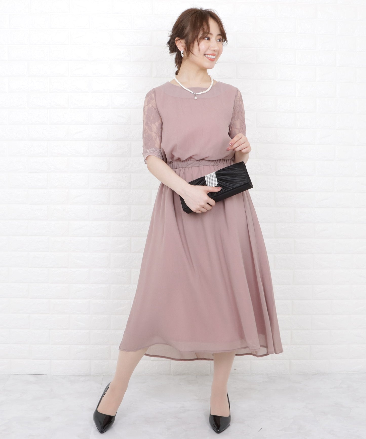 花柄袖レースフィッシュテールフォーマルワンピースドレス