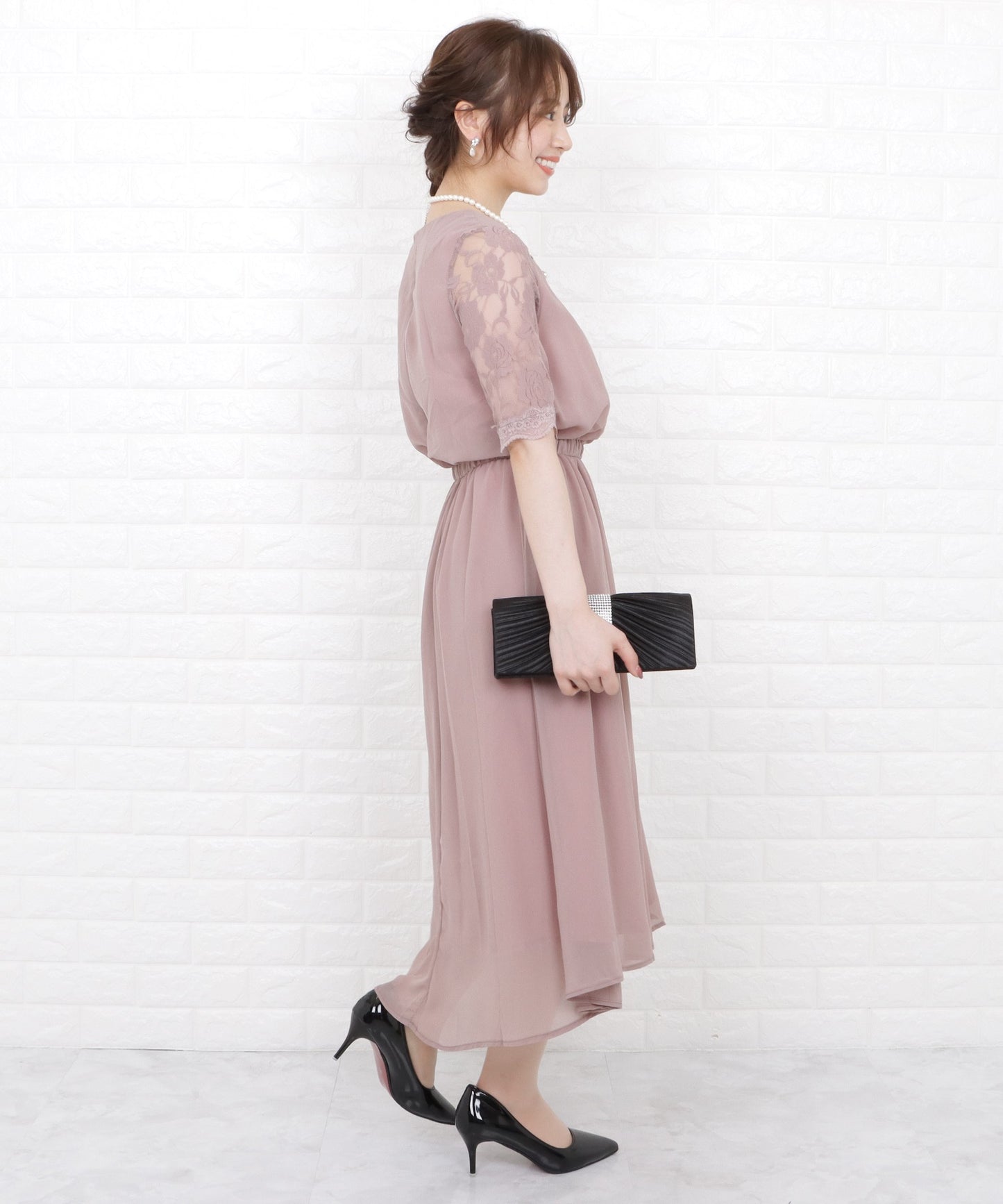 花柄袖レースフィッシュテールフォーマルワンピースドレス