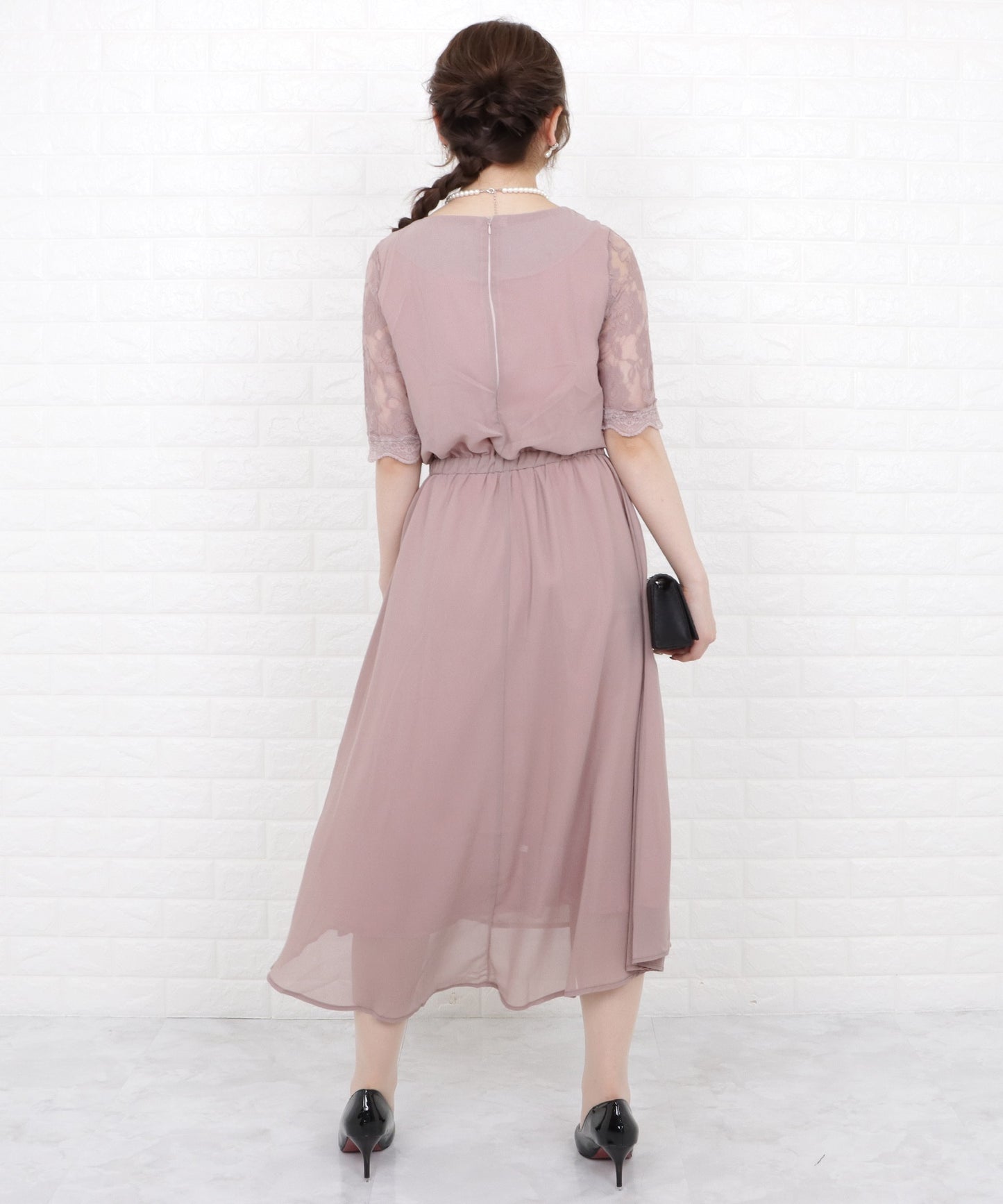 花柄袖レースフィッシュテールフォーマルワンピースドレス