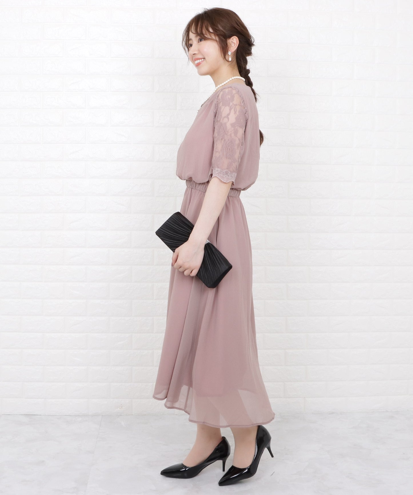 花柄袖レースフィッシュテールフォーマルワンピースドレス