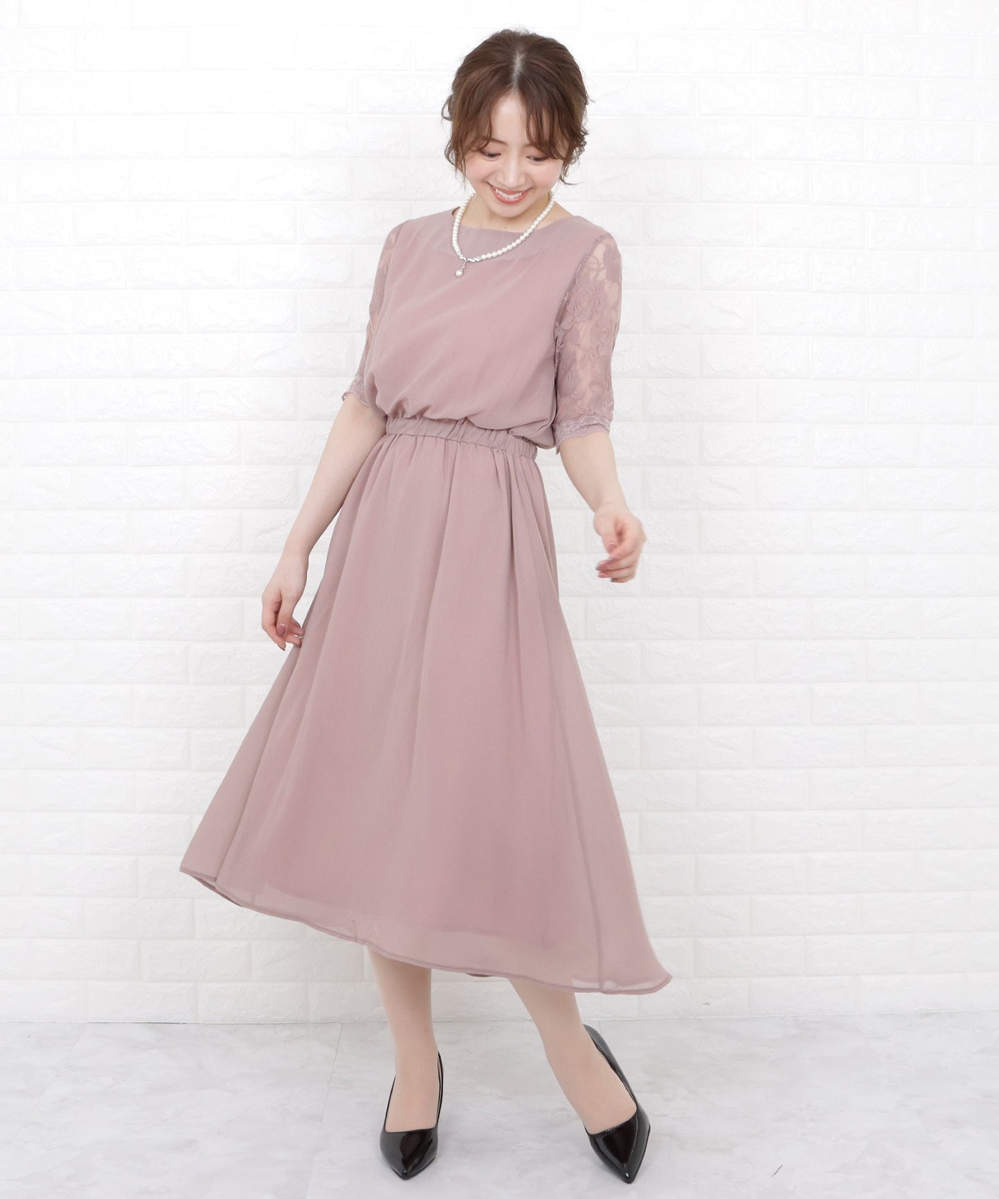 花柄袖レースフィッシュテールフォーマルワンピースドレス