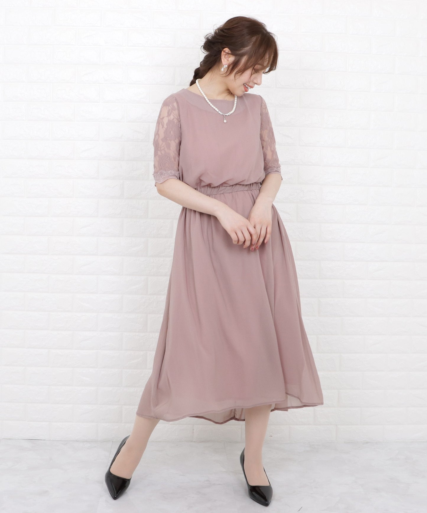 花柄袖レースフィッシュテールフォーマルワンピースドレス