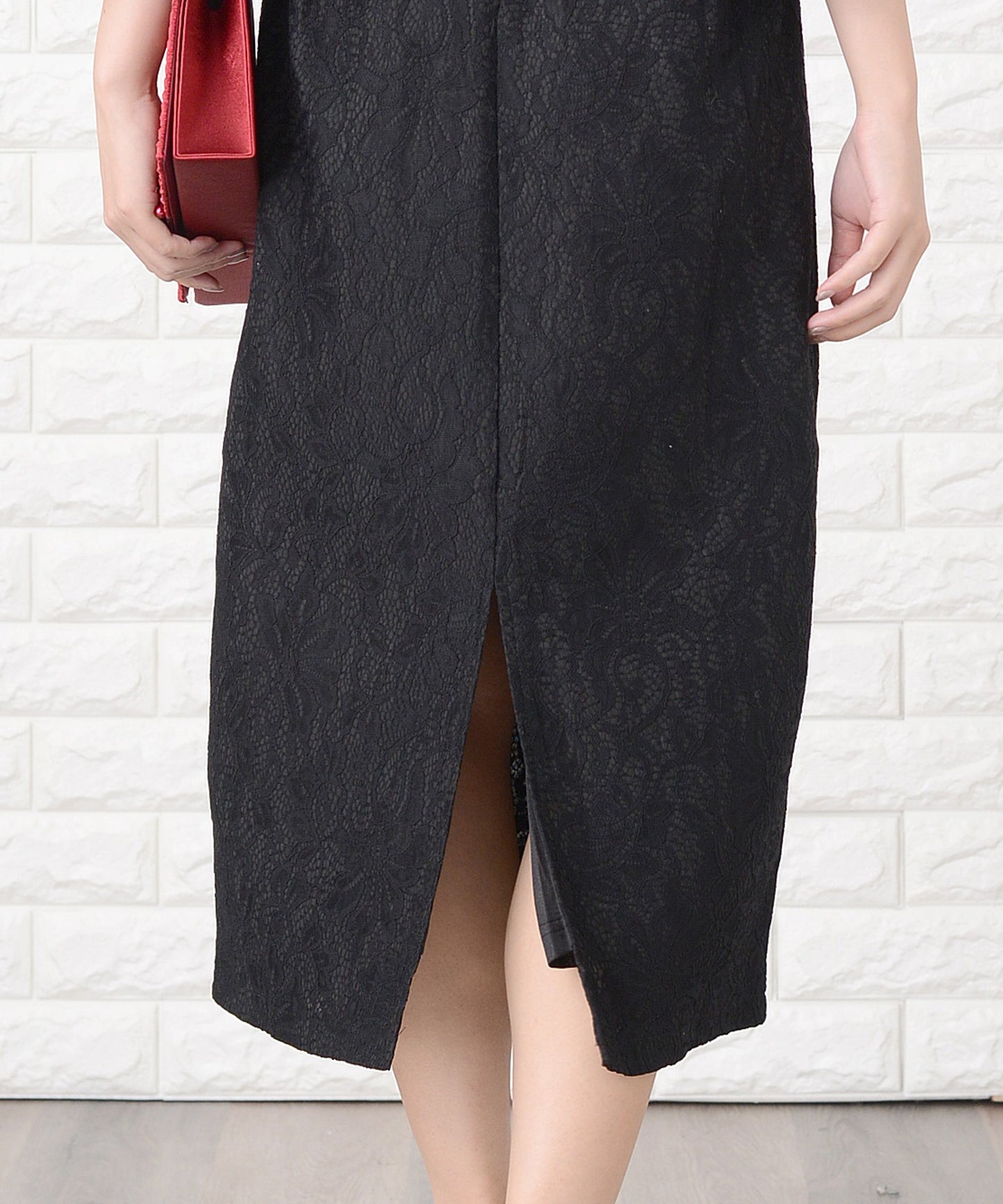 花柄総レースミモレ丈シンプルパーティドレス・ワンピース