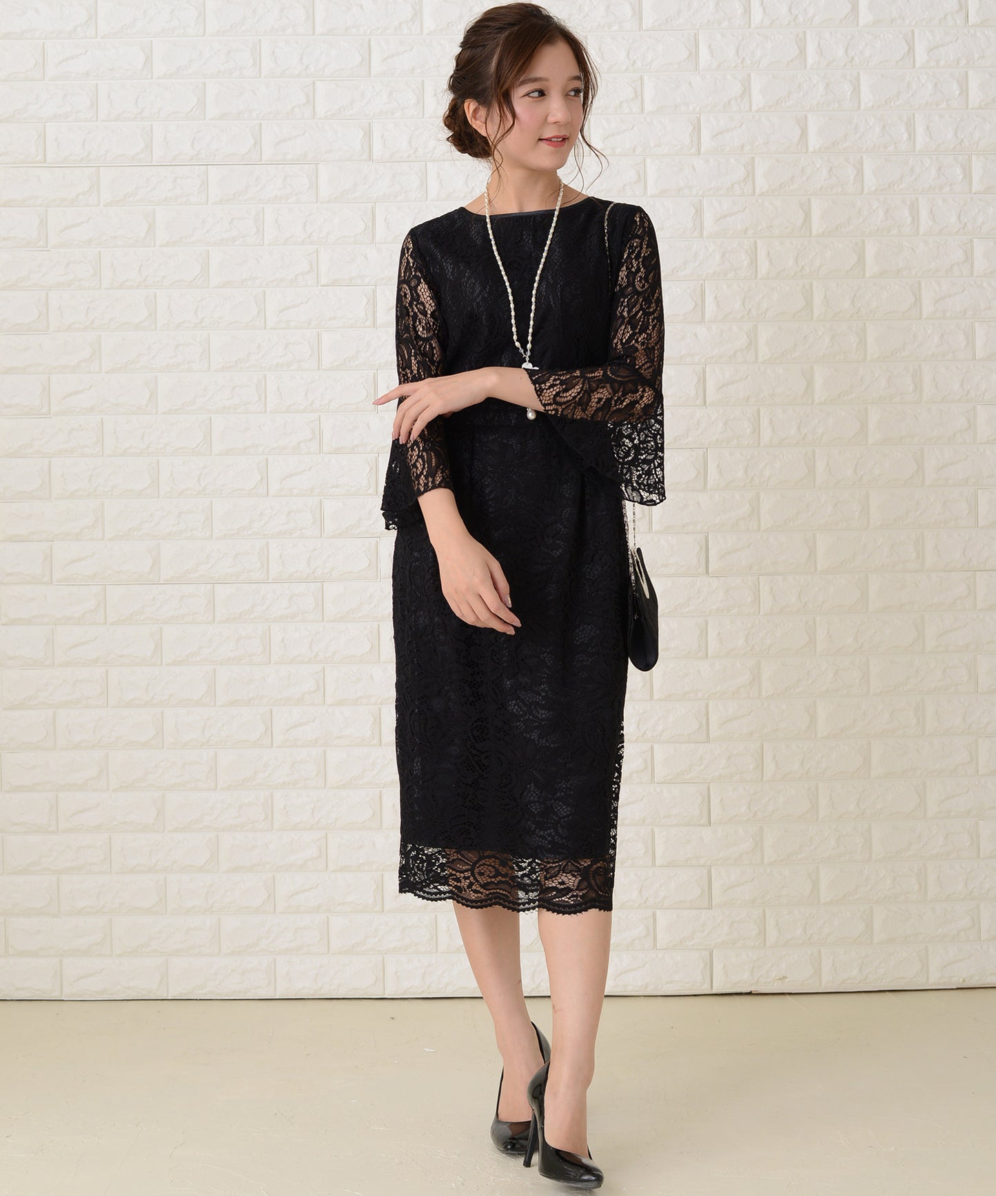 フレア七分袖総レースコクーンワンピース・ドレス