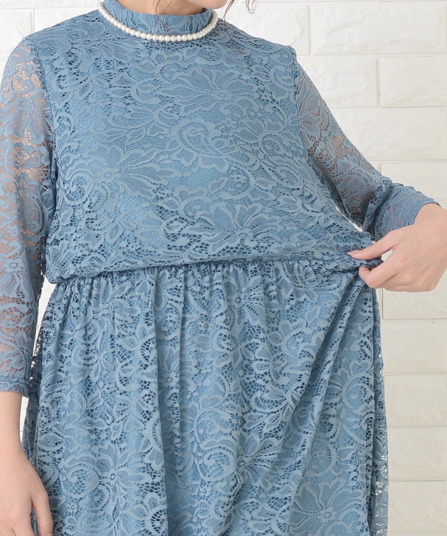 総レース ウエストゴム ハイネックロングワンピース・ドレス