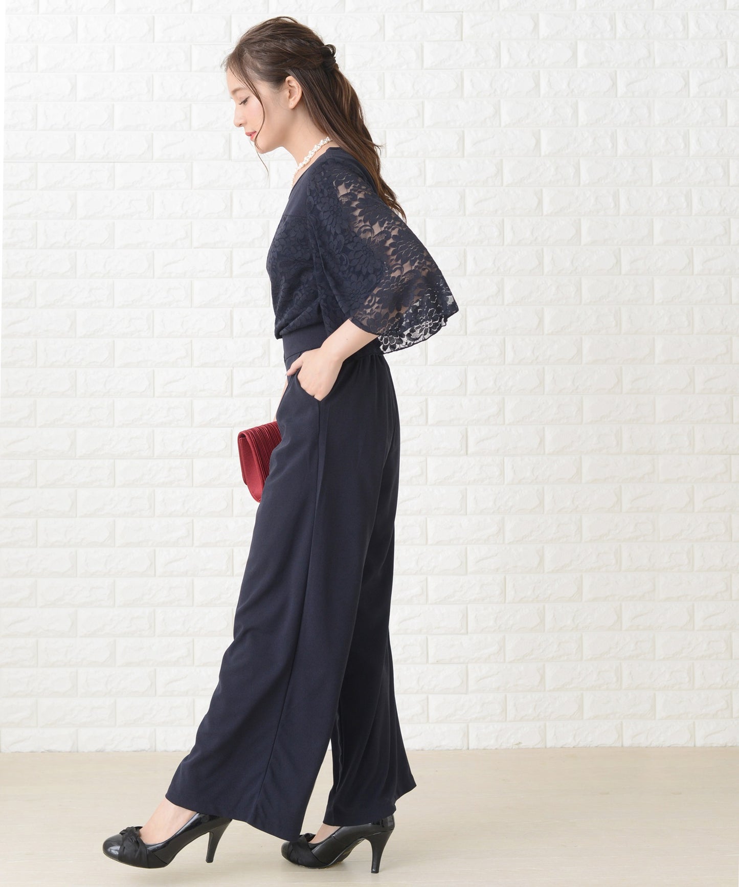花柄レースフレア袖ワイドボトムセットアップ・パンツドレス