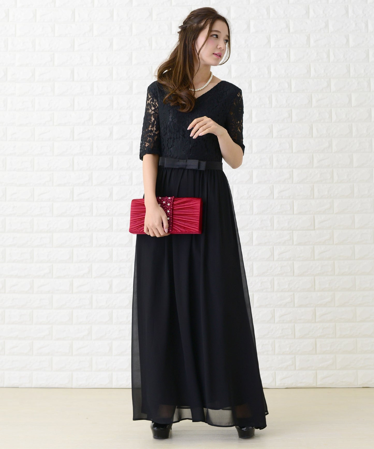 レース&シフォンAラインロングワンピース・ドレス