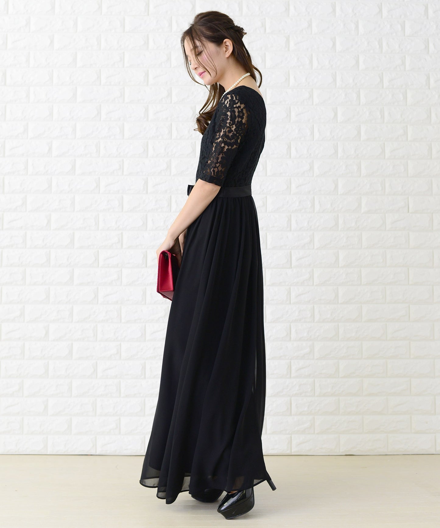 レース&シフォンAラインロングワンピース・ドレス