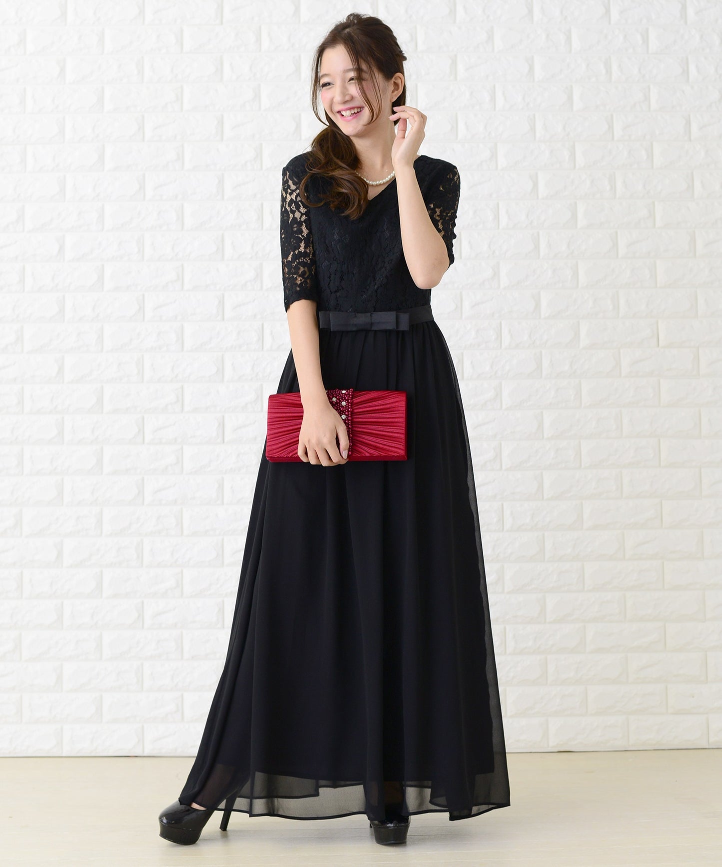 レース&シフォンAラインロングワンピース・ドレス