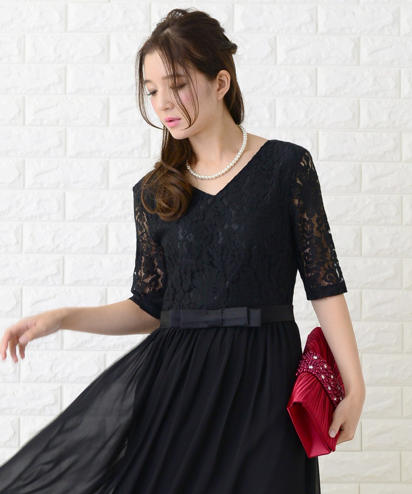 レース&シフォンAラインロングワンピース・ドレス