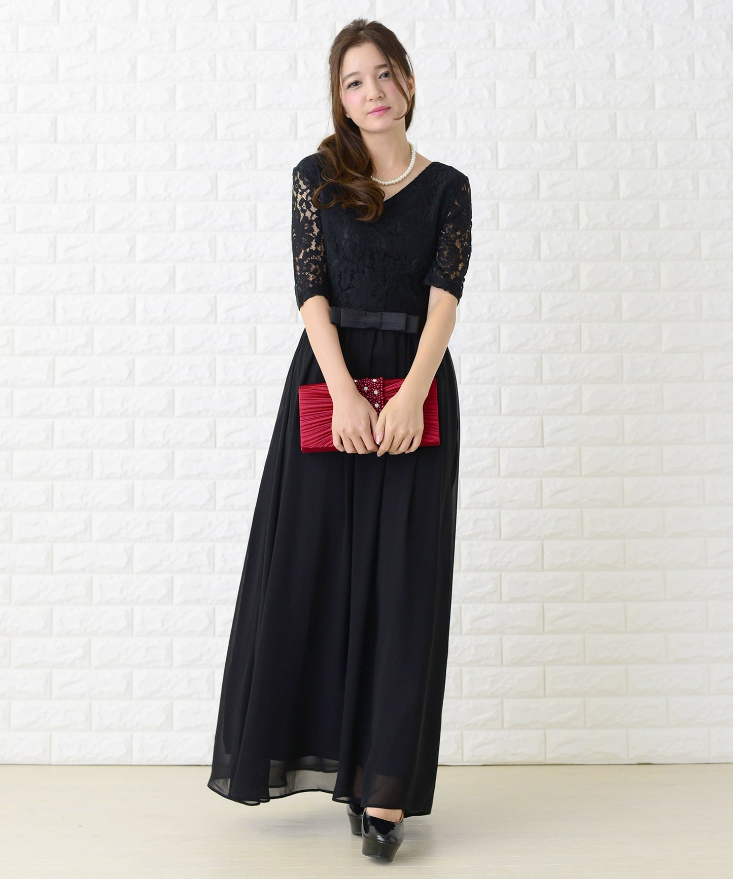 レース&シフォンAラインロングワンピース・ドレス