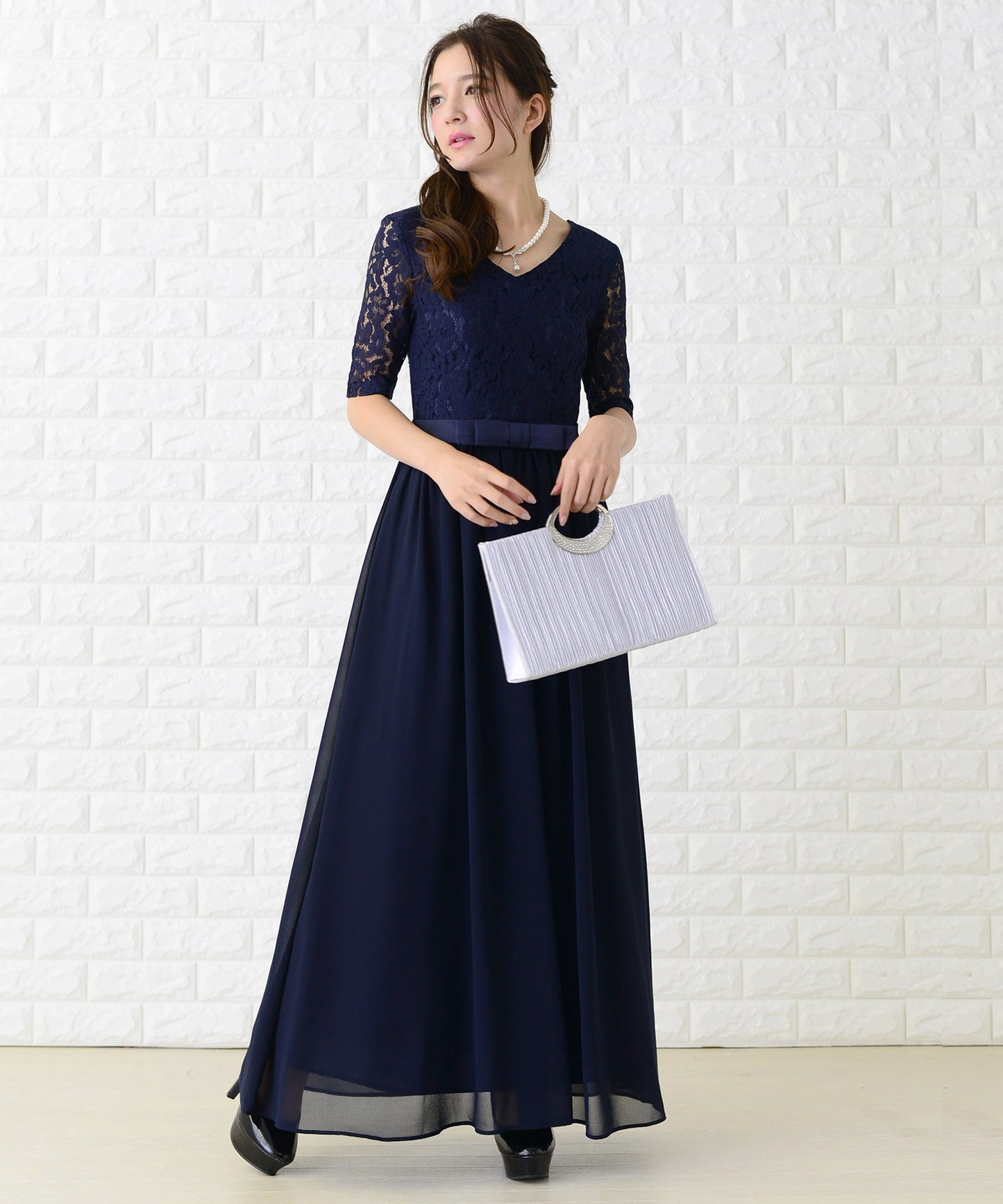 レース&シフォンAラインロングワンピース・ドレス