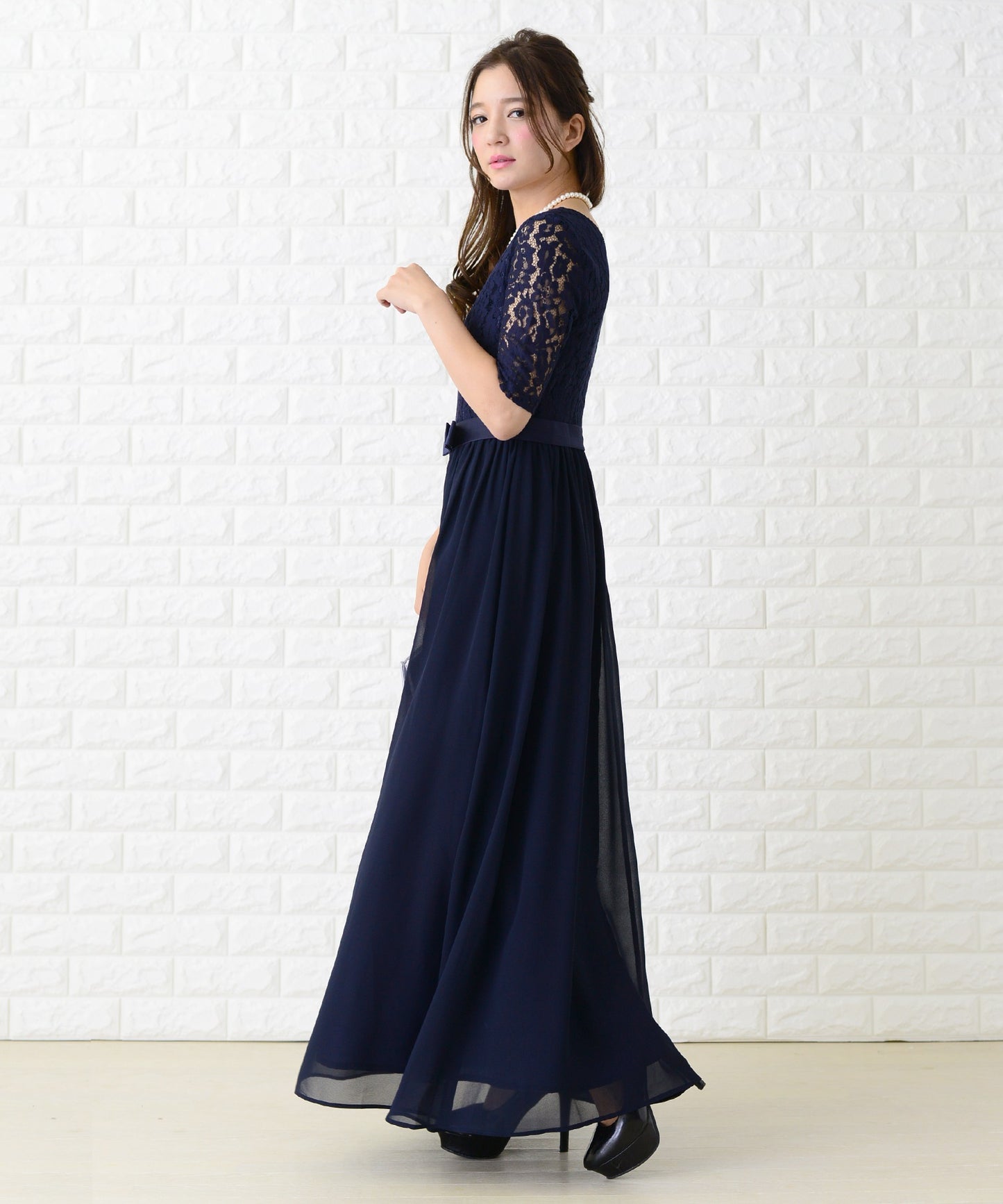 レース&シフォンAラインロングワンピース・ドレス