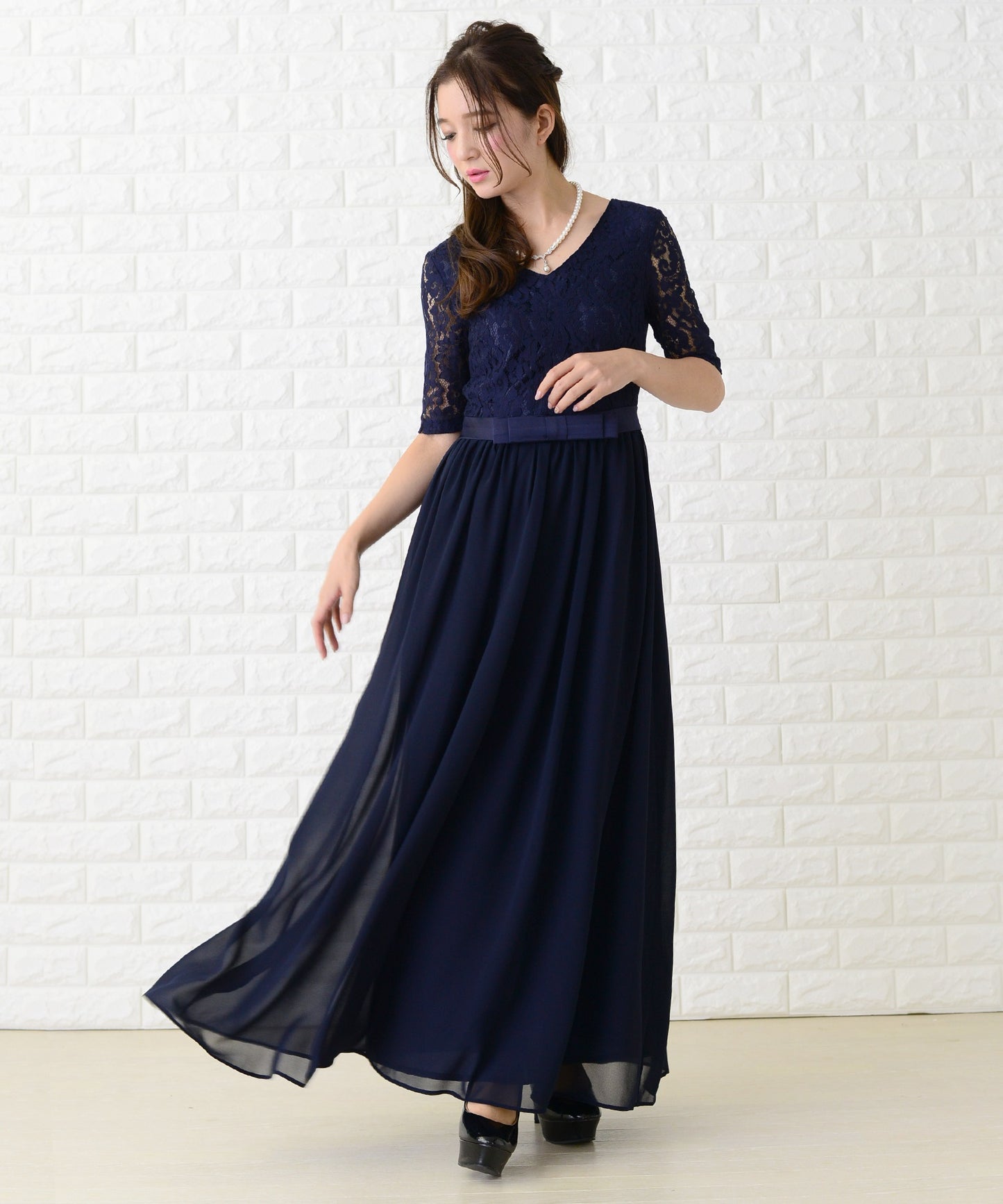 レース&シフォンAラインロングワンピース・ドレス