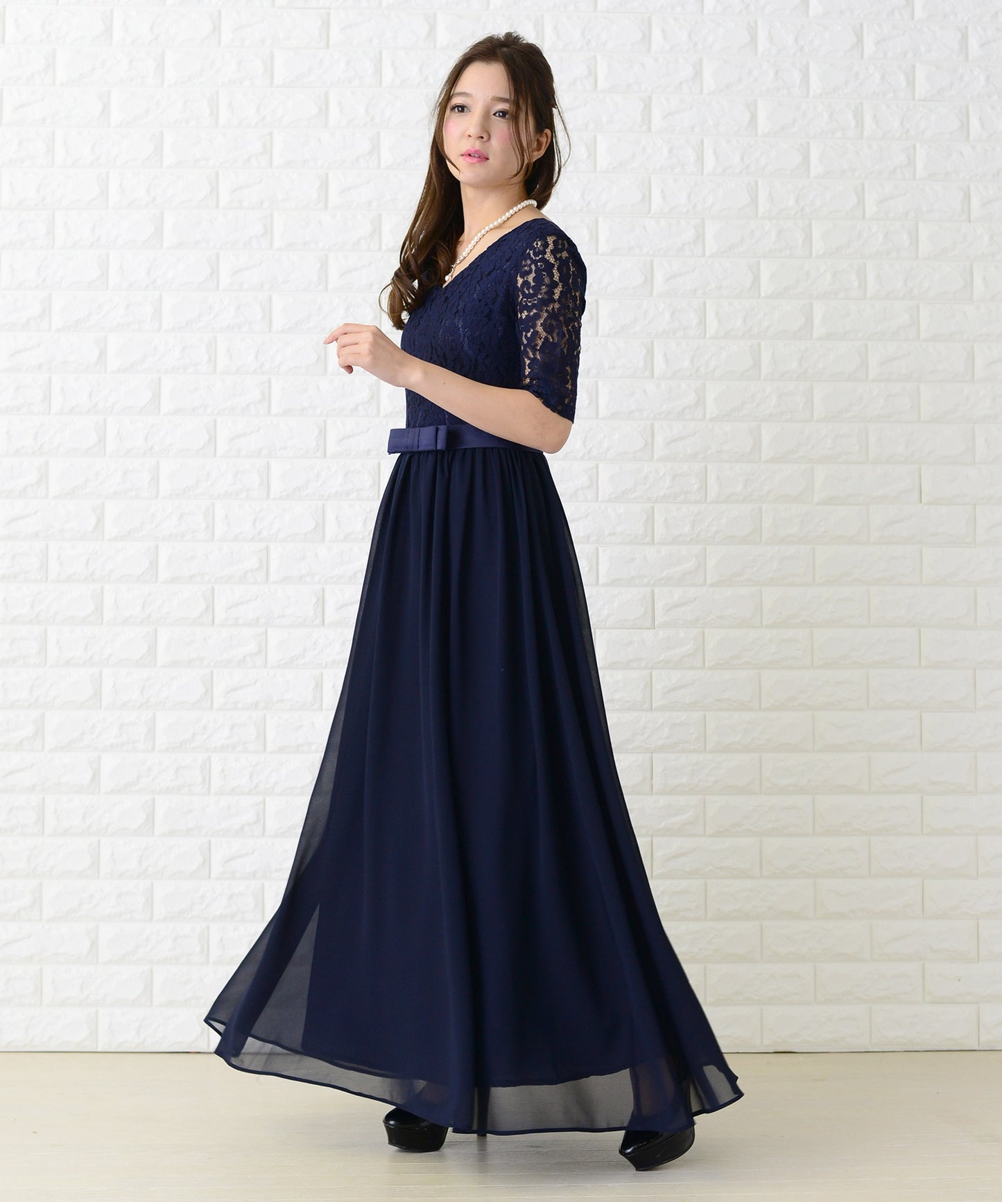 レース&シフォンAラインロングワンピース・ドレス