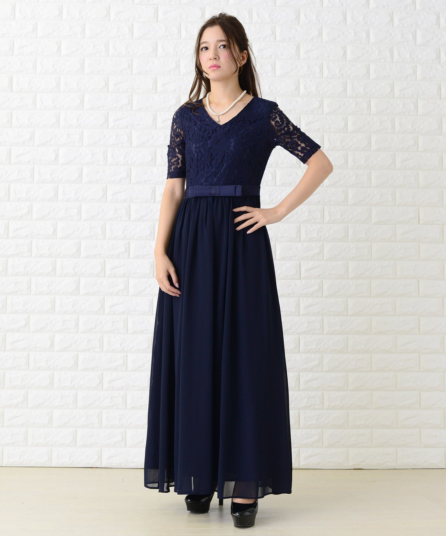 レース&シフォンAラインロングワンピース・ドレス