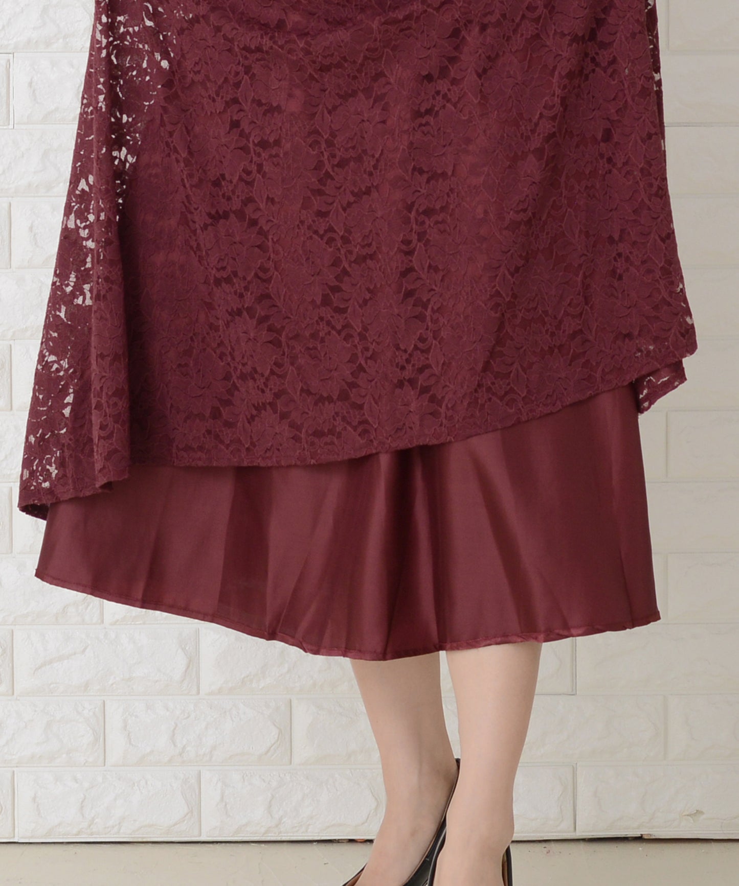 総レース ウエスト切り替え 長袖ロングワンピース