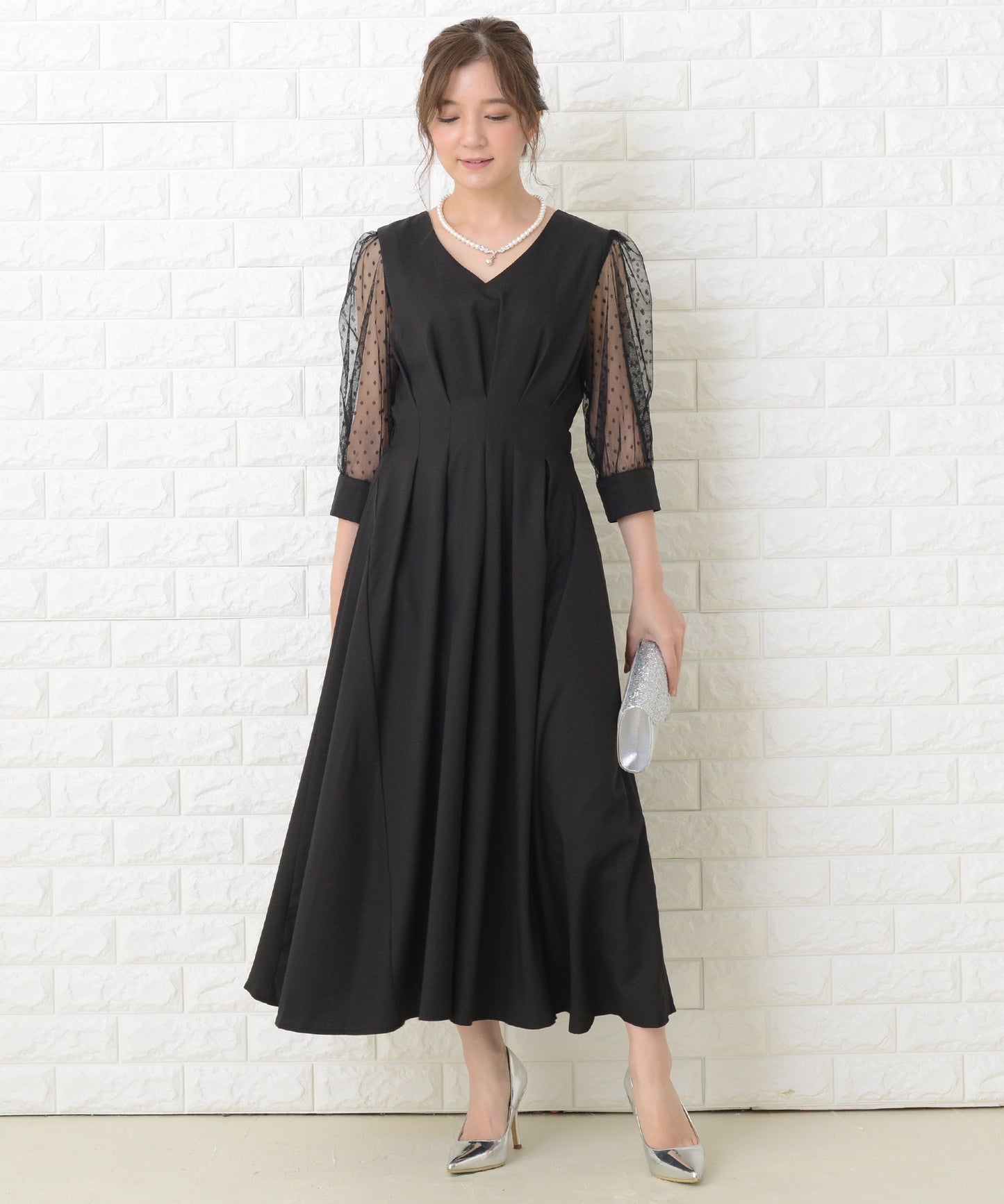 ドット柄 シアー袖 ロングワンピースドレス