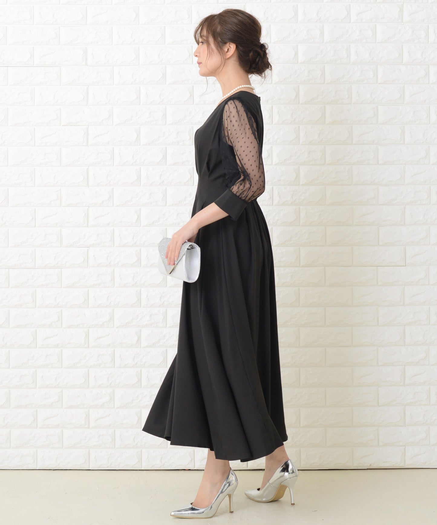 ドット柄 シアー袖 ロングワンピースドレス