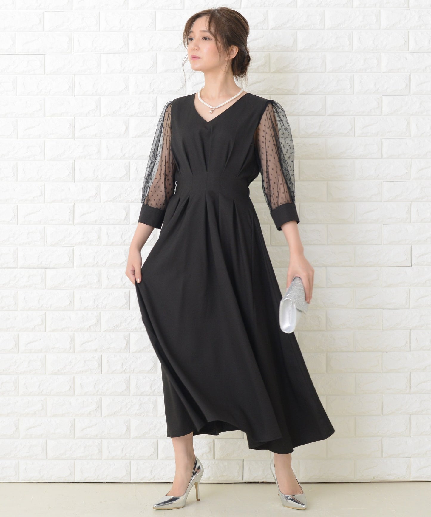 ドット柄 シアー袖 ロングワンピースドレス