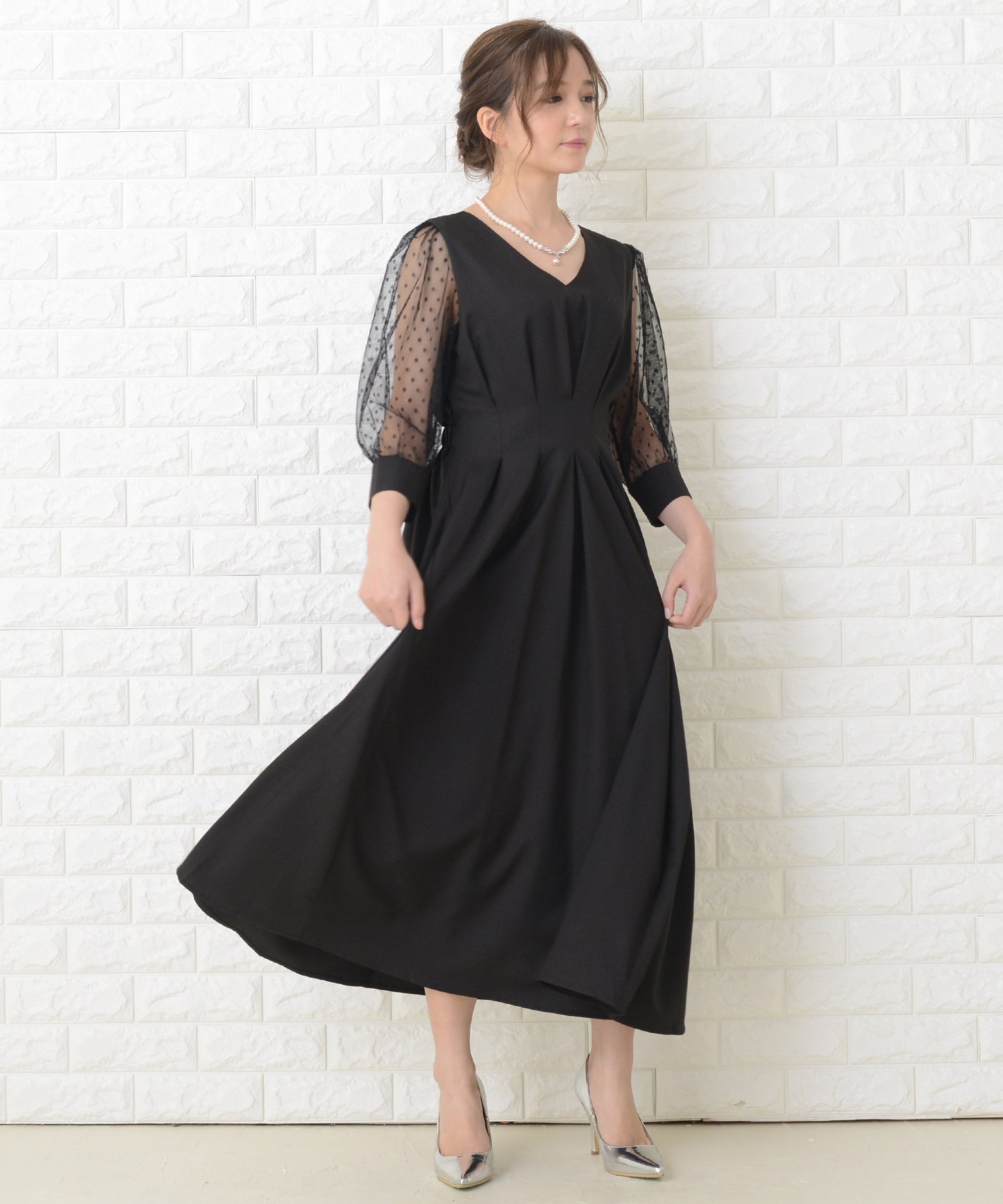 ドット柄 シアー袖 ロングワンピースドレス