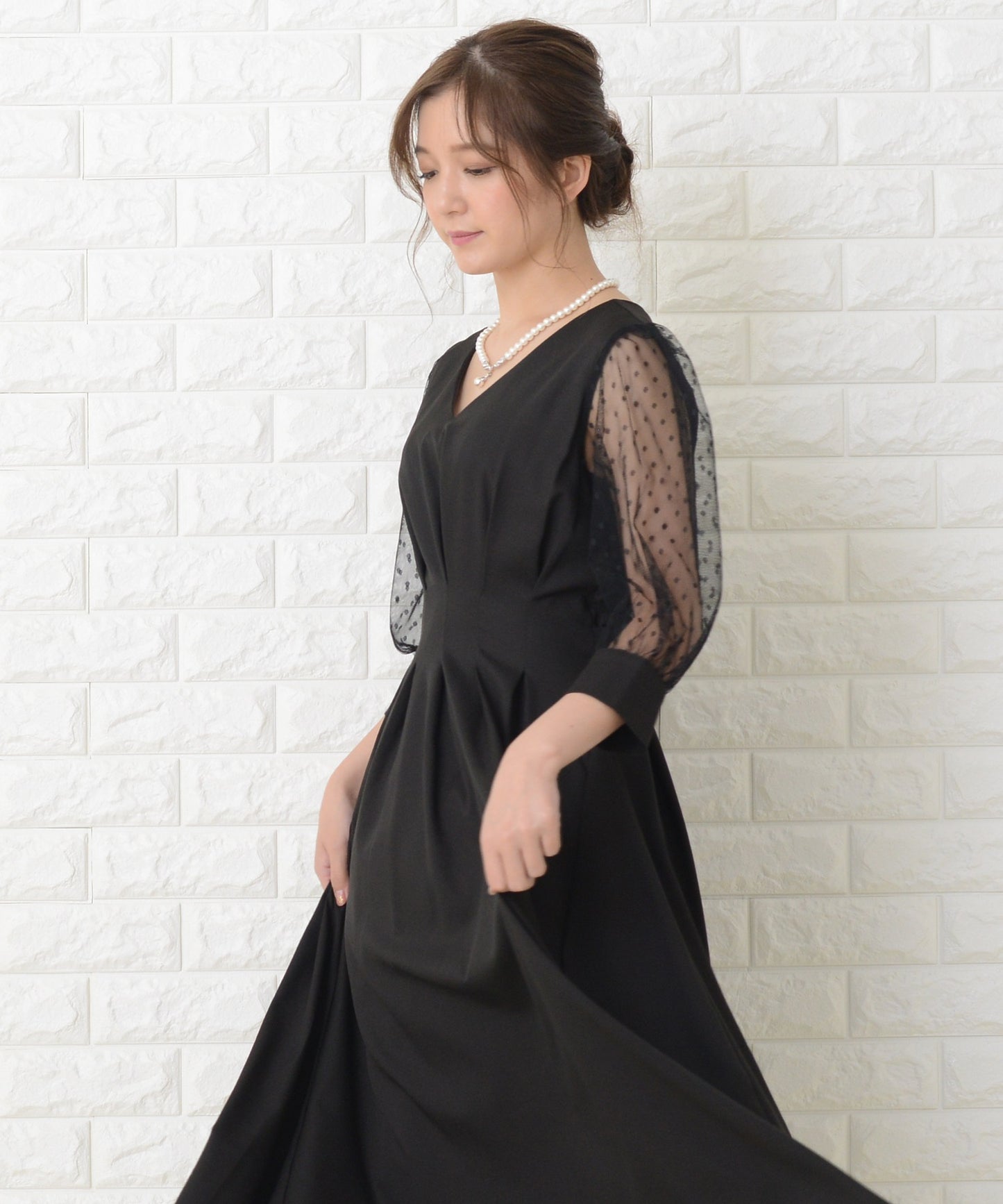 ドット柄 シアー袖 ロングワンピースドレス
