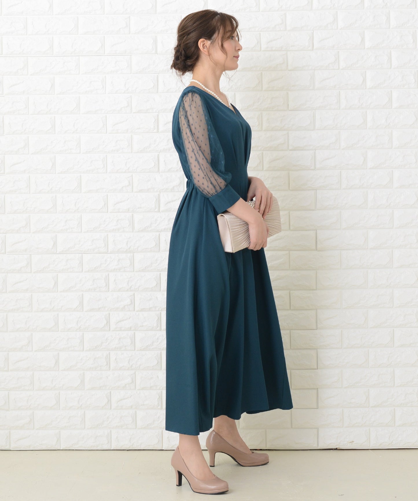 ドット柄 シアー袖 ロングワンピースドレス