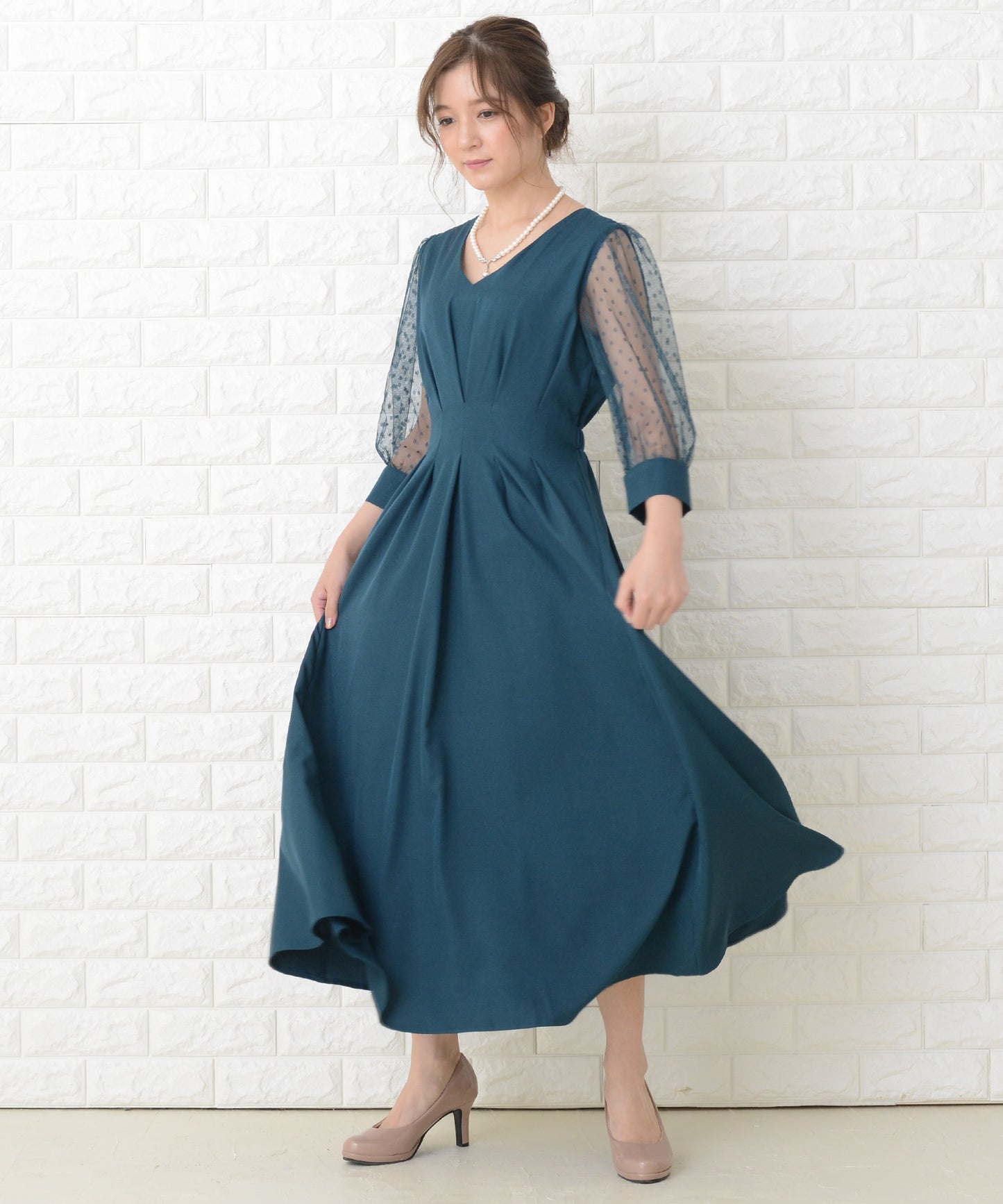 ドット柄 シアー袖 ロングワンピースドレス