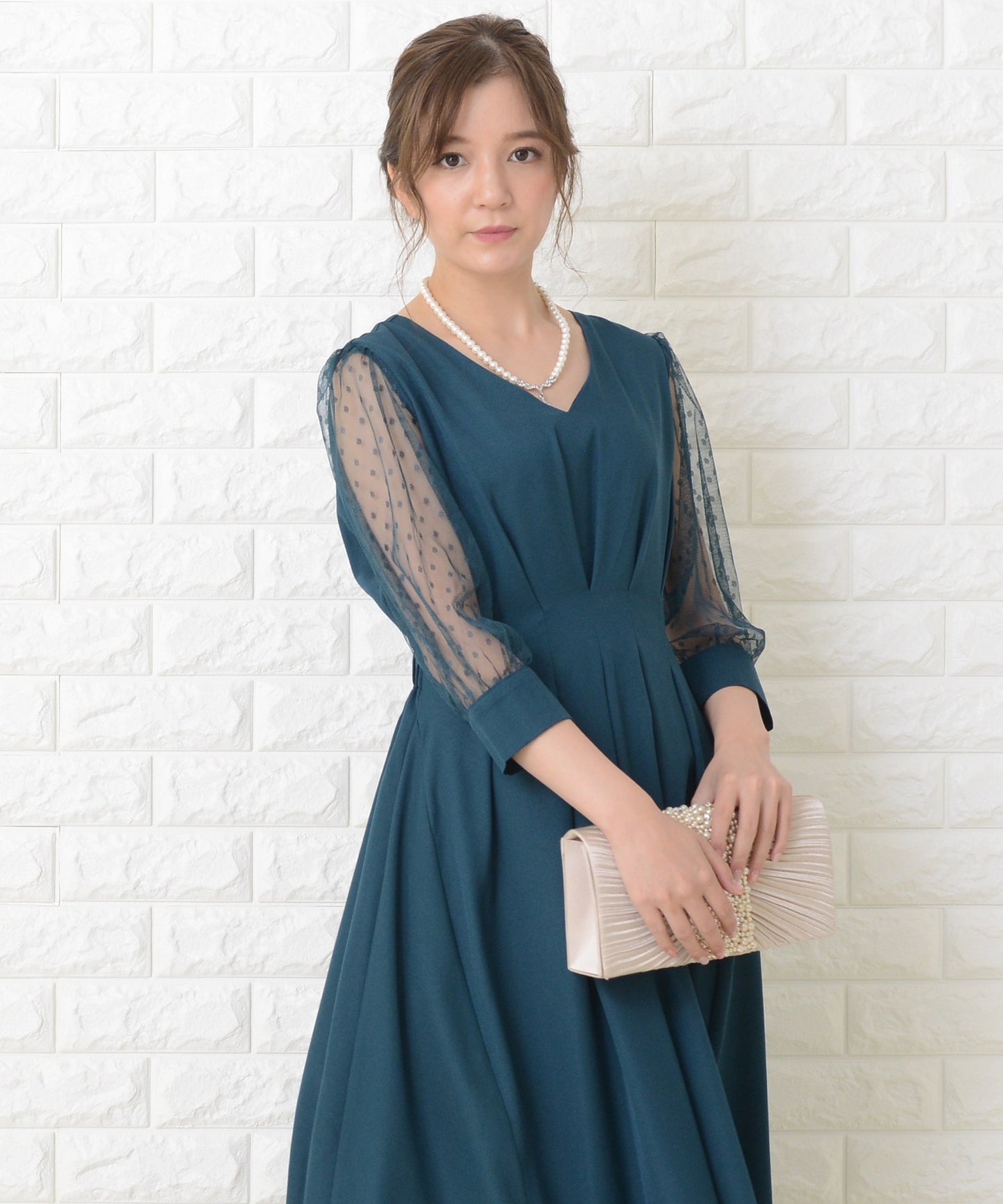 ドット柄 シアー袖 ロングワンピースドレス