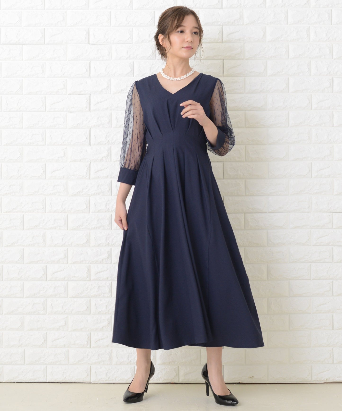 ドット柄 シアー袖 ロングワンピースドレス