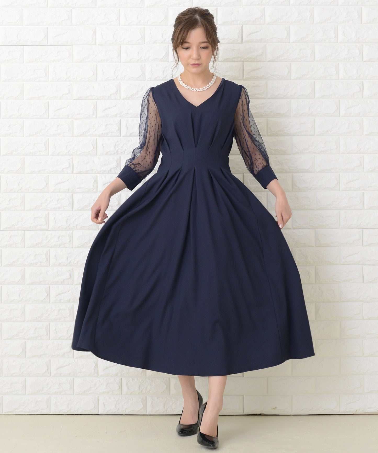 ドット柄 シアー袖 ロングワンピースドレス