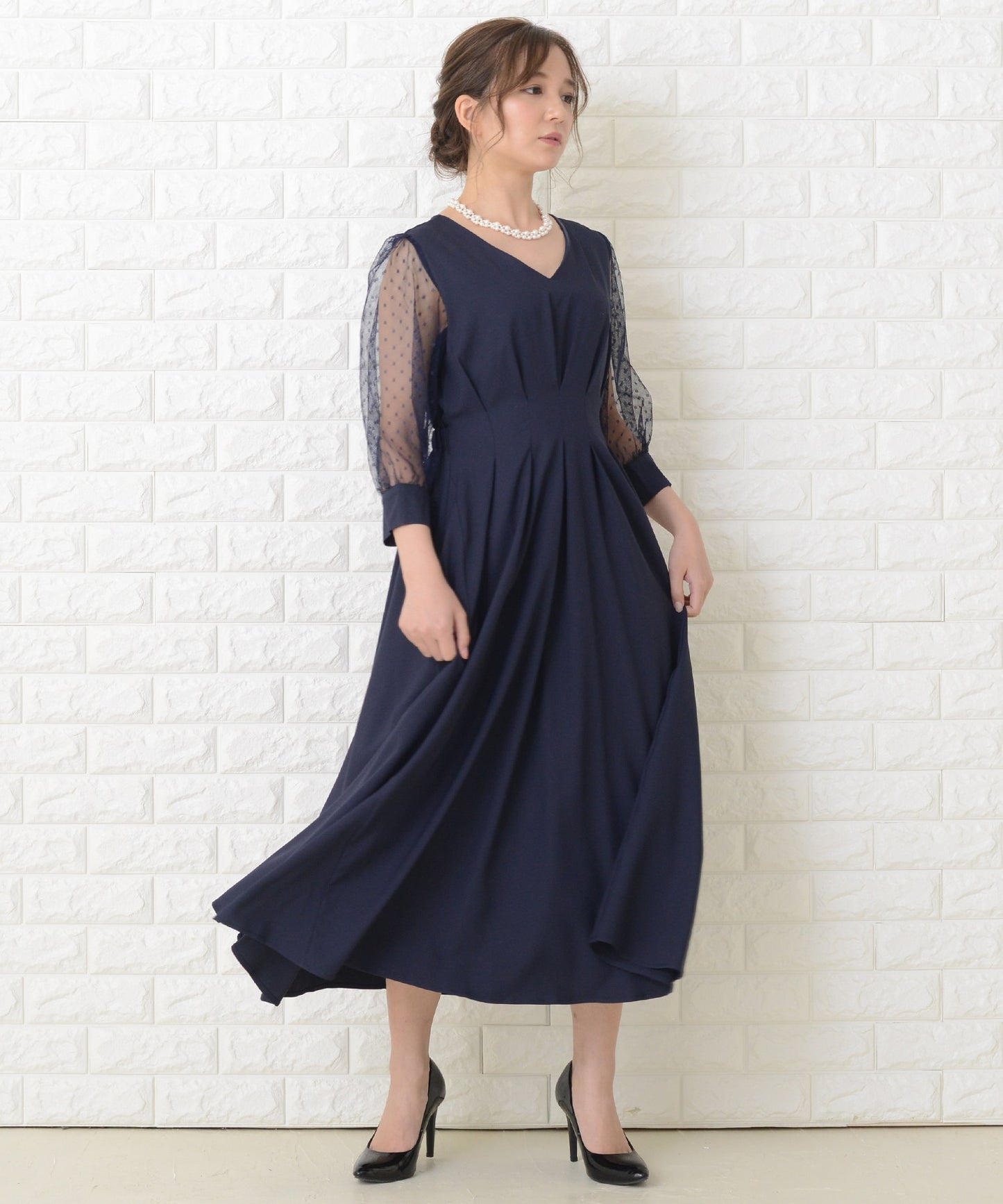 ドット柄 シアー袖 ロングワンピースドレス