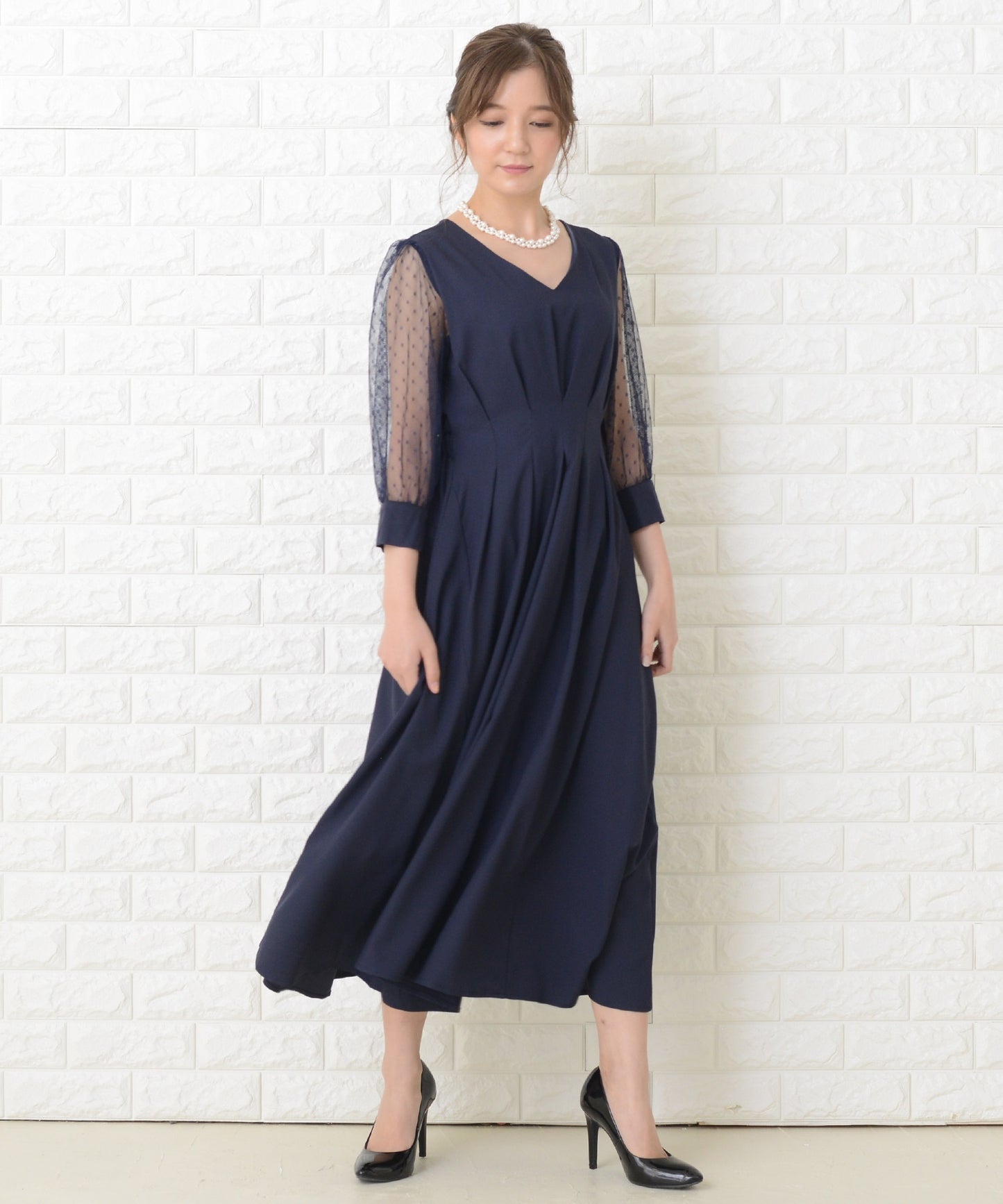 ドット柄 シアー袖 ロングワンピースドレス