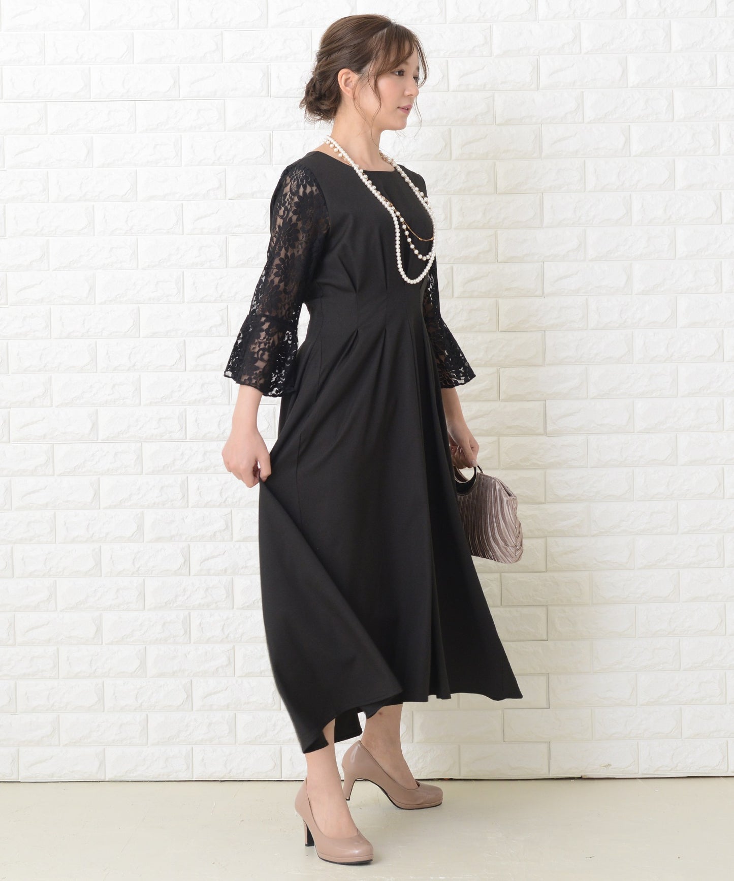 ウエストタック ロングワンピースドレス