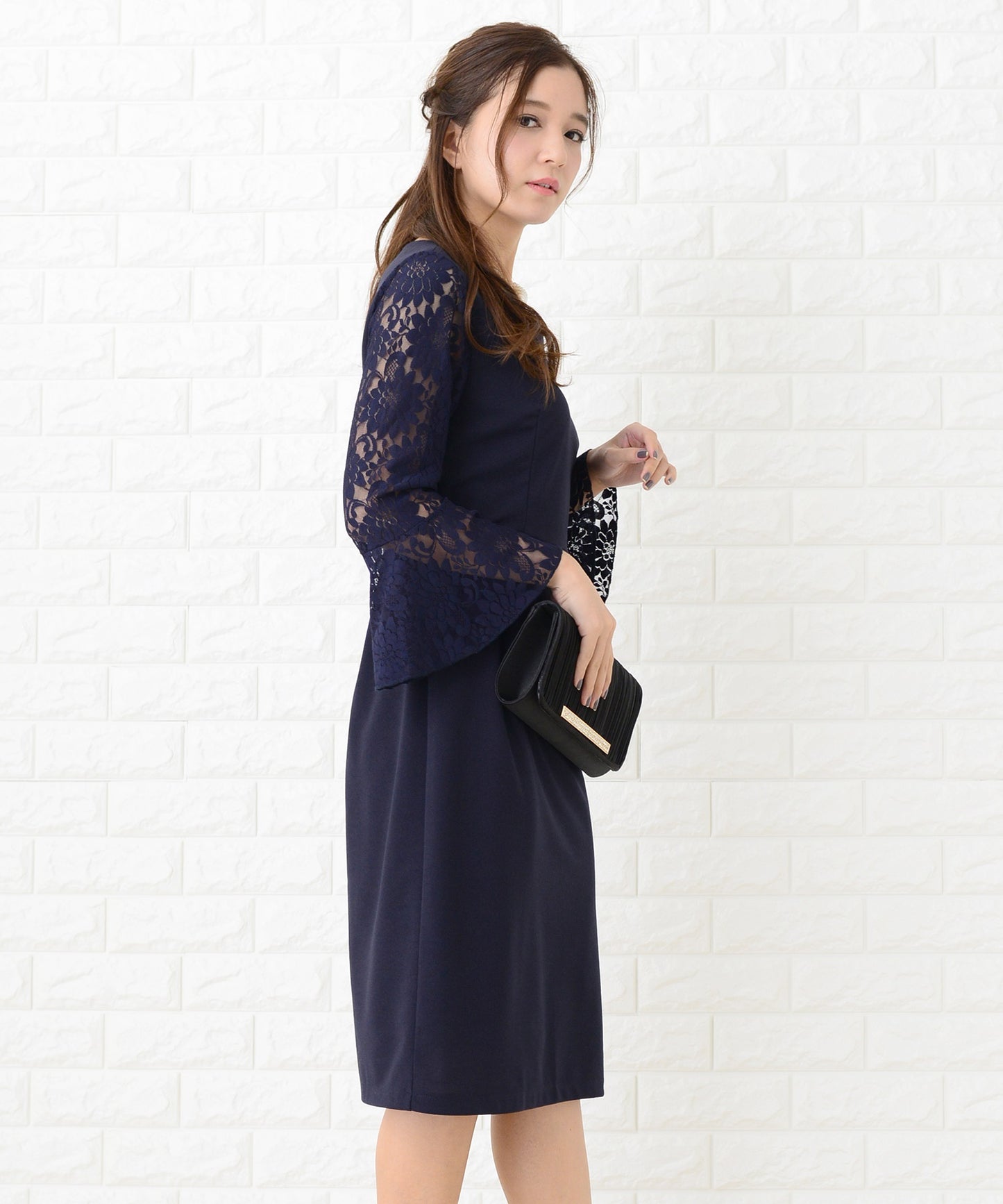 選べる袖3タイプ 花柄/レースフレア袖美ラインワンピース・ドレス